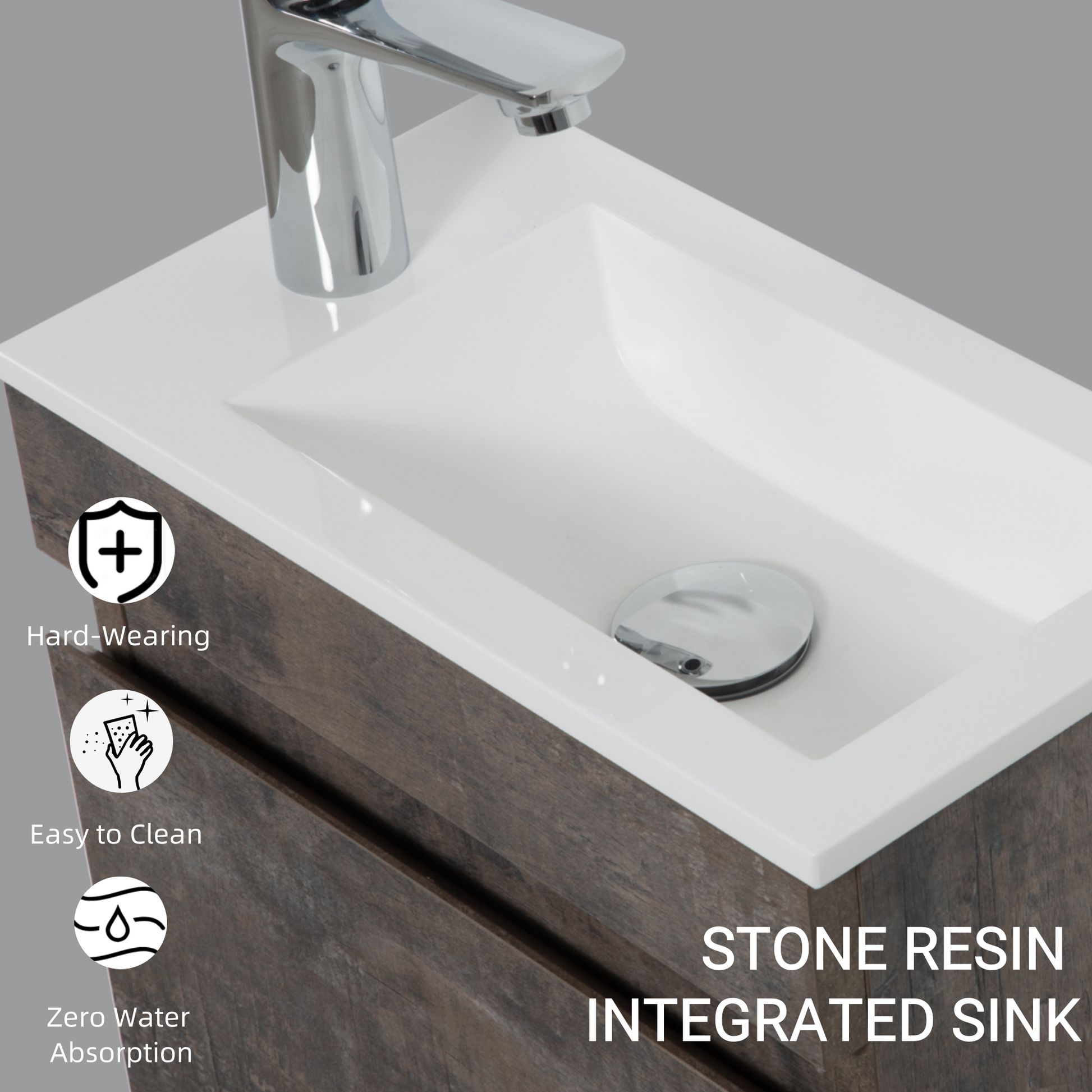 16" Floating Bathroom Vanity With Sink, Wall Mounted Small Bathroom Storage Vanity Cabinet With Resin Top Basin And Soft Close Doors, Dark Birch 24V11 16Db Grey Bathroom Plywood