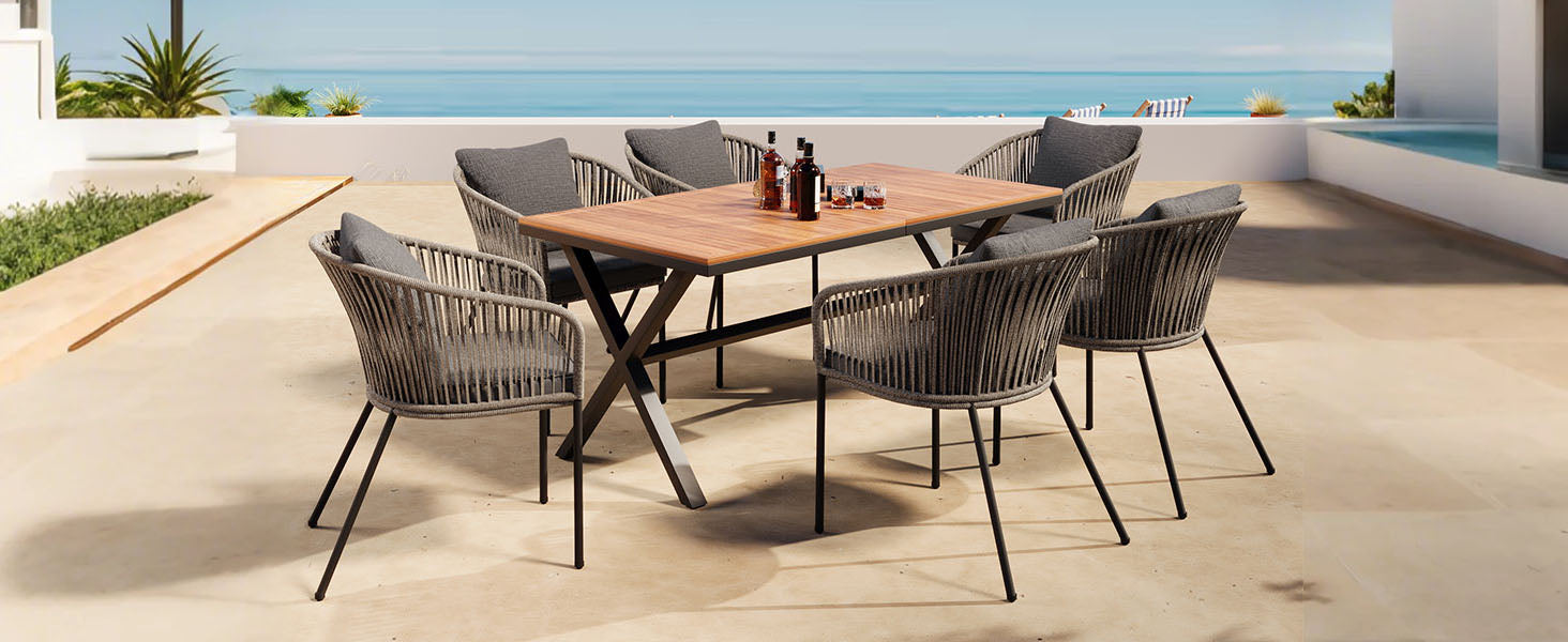 7 Pieces Patio Dining Set, All Weather Outdoor Furniture Set With Dining Table And Chairs, Acacia Wood Tabletop, Metal Frame, For For Garden, Backyard, Balcony, Grey Yes Grey Seats 6 Garden &