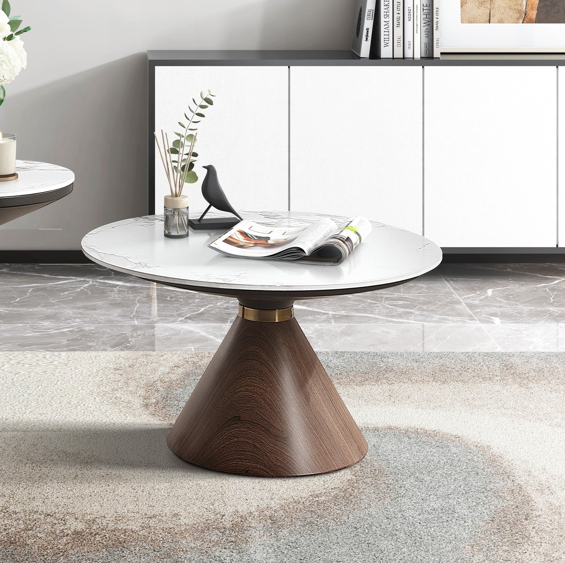 Luxury Living Room Furniture 1Pc Cocktail Table White Sintered Stone Top Decorative Oak Finish Wood With Gold Tone Metal Band Oak Primary Living Space Luxury,Modern Round Coffee & End Tables