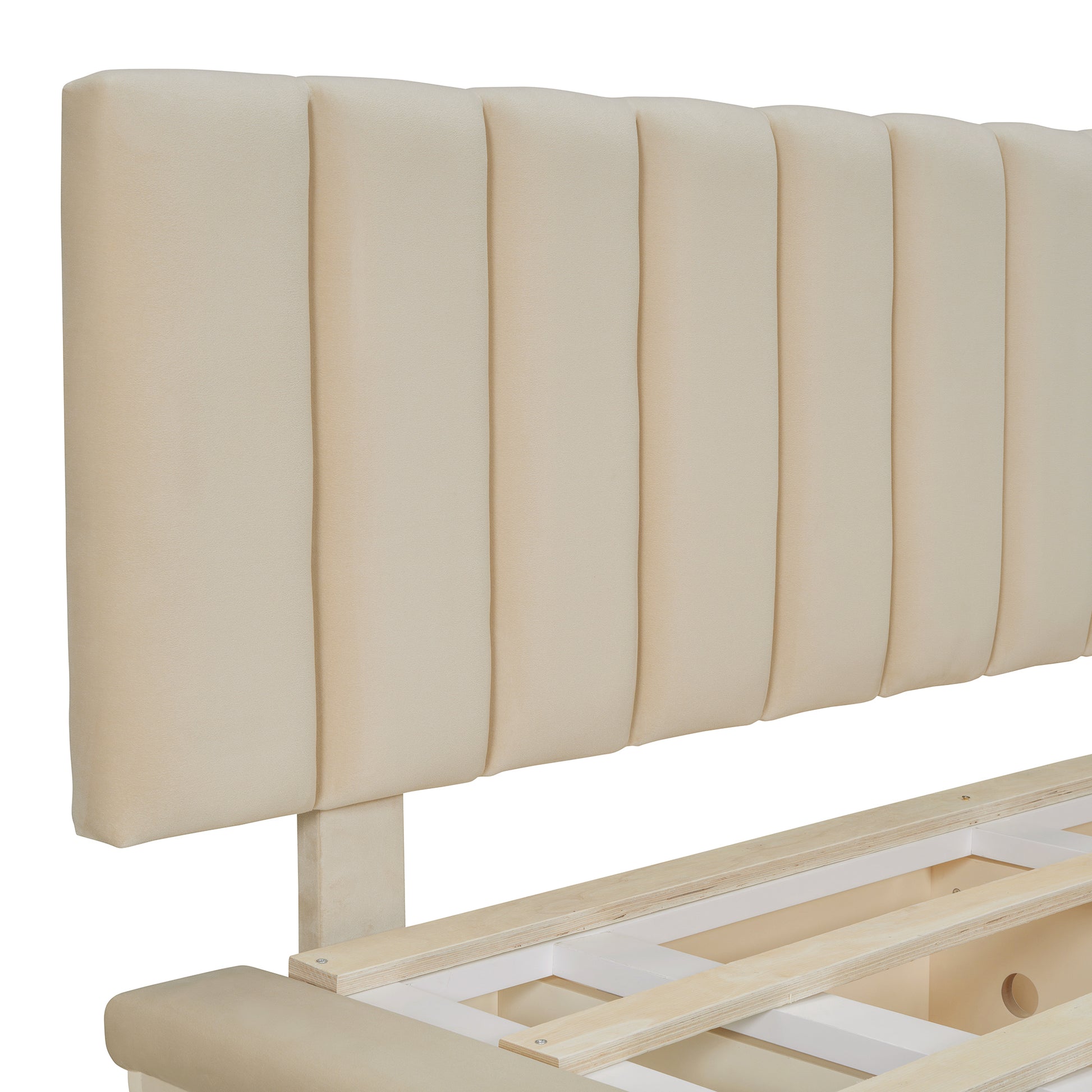 Queen Size Upholstered Floating Bed With Led Light And Usb Port, Velvet, Beige, Hydrualic Platform Bed Queen Beige Velvet