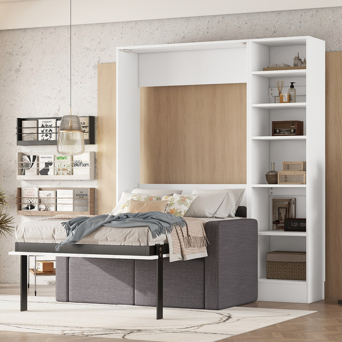 Twin Size Murphy Bed Wall Bed With Sofa,With Shelves,White Twin White Plywood