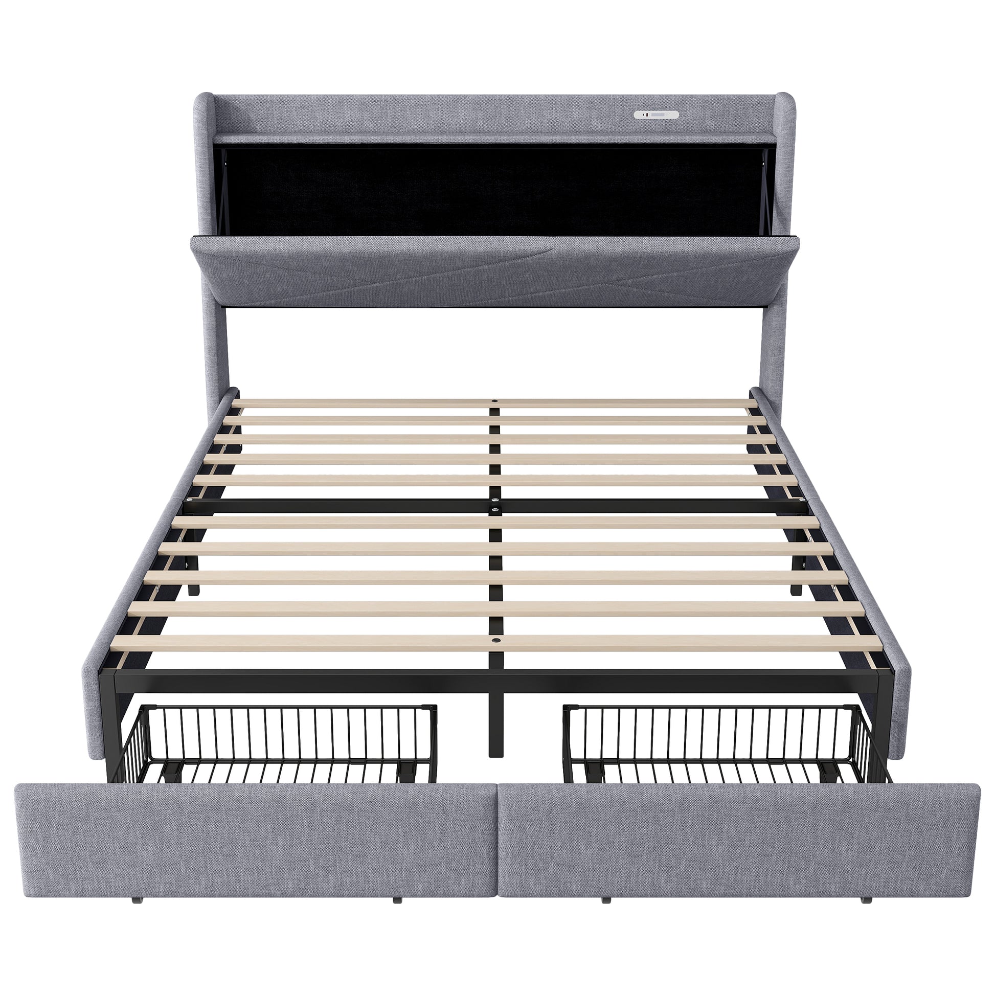 Queen Size Upholstery Platform Bed With Storage Headboard, Led, Usb Charging And 2 Drawers, Gray Queen Gray Upholstered