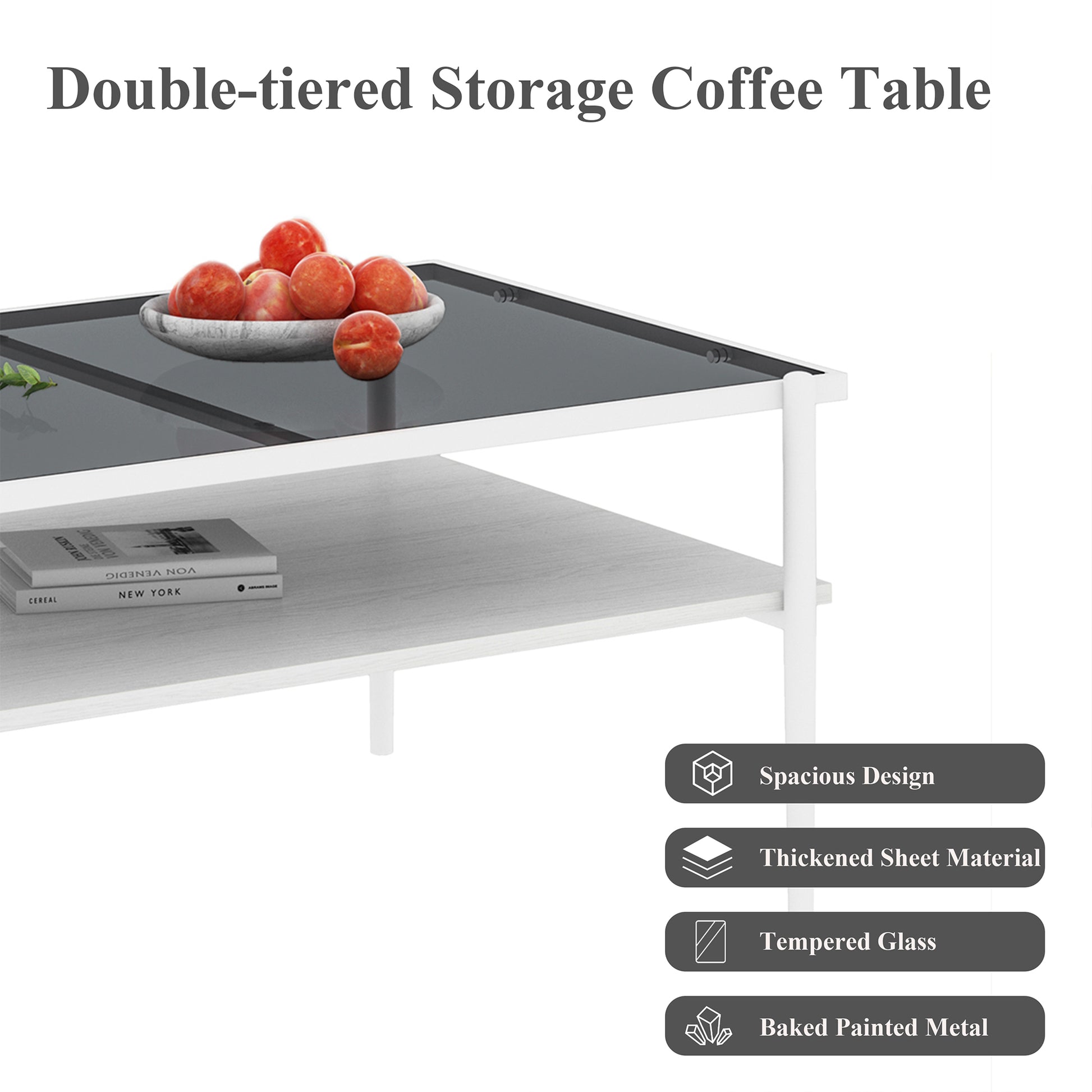 Rectangle Coffee Table With Gray Tempered Glass Top And White Legs, Modern Table For Living Room Gray Tempered Glass