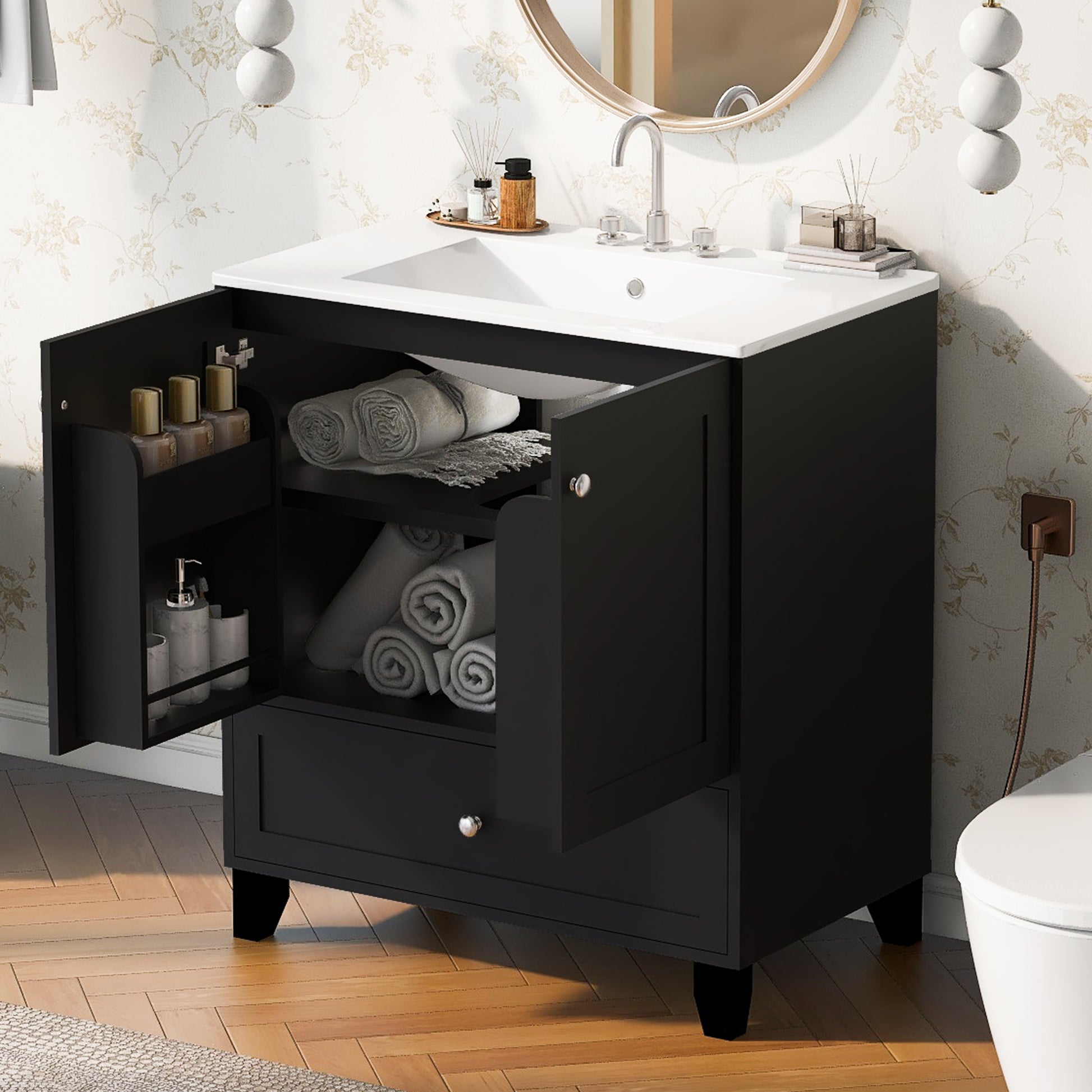 30" Black Bathroom Vanity Set With Ceramic Sink And Large Storage Space Ideal For Small Bathrooms Black Bathroom Solid Wood Mdf