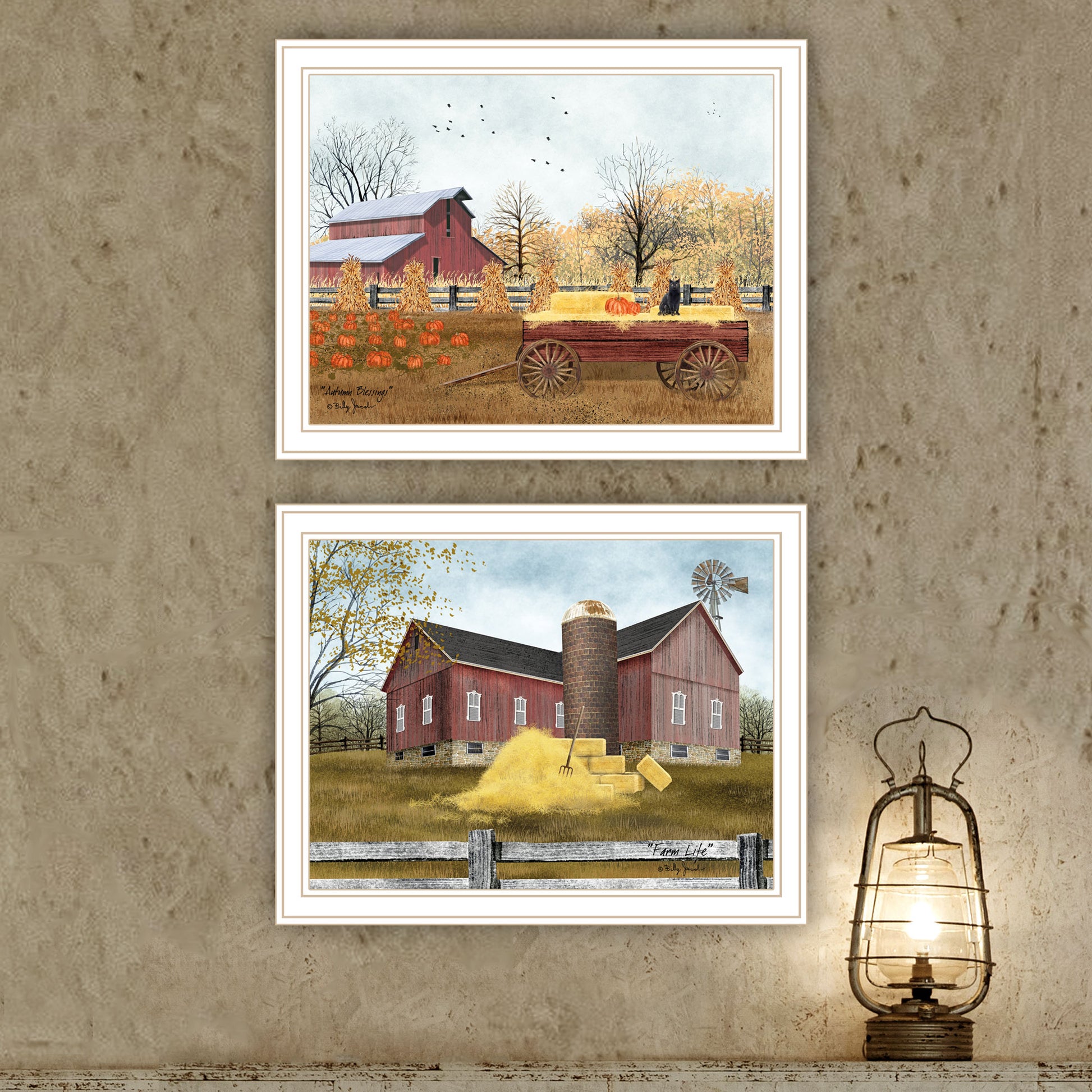 2 Piece Vignette Autumn Blessings Farm Life White Framed Wall Art For Living Room, Bedroom Wall Art Print For Home Decor By Billy Jacobs Multicolor Wood Paper
