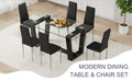 Table And Chair Set.A Rectangular Dining Table Features With Tempered Glass Top And Sleek Black Mdf Stand.Paried With 6 Pu Chairs With Checkered Armless High Back And Electroplated Metal Legs. Black,Transparent Seats 6 Mdf Glass