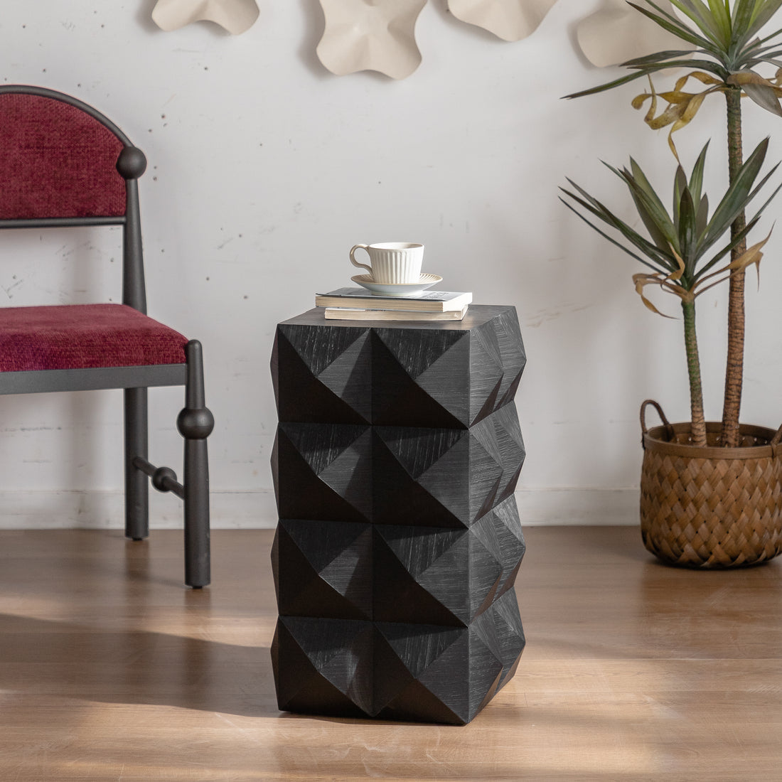 23.62"Height Three Dimensional Embossed Pattern Design Retro Side Table Retro Furniture Black Black Fir Mdf