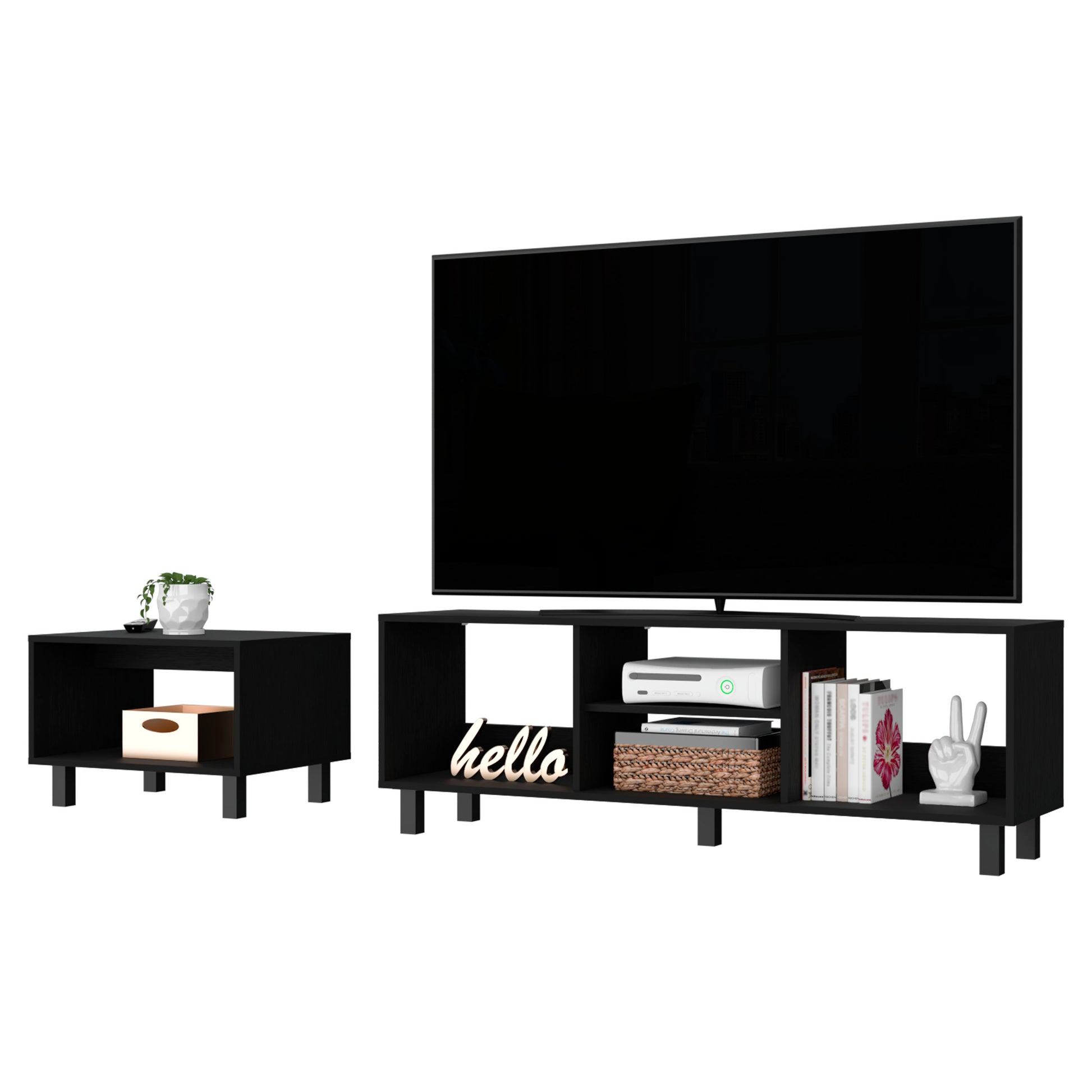 Hoven 2 Piece Living Room Set With Tv Rack And Coffee Table Black Primary Living Space 90 Inches Or Larger 90 Inches Or Larger Contemporary Pine 85 Inches Particle Board Engineered Wood