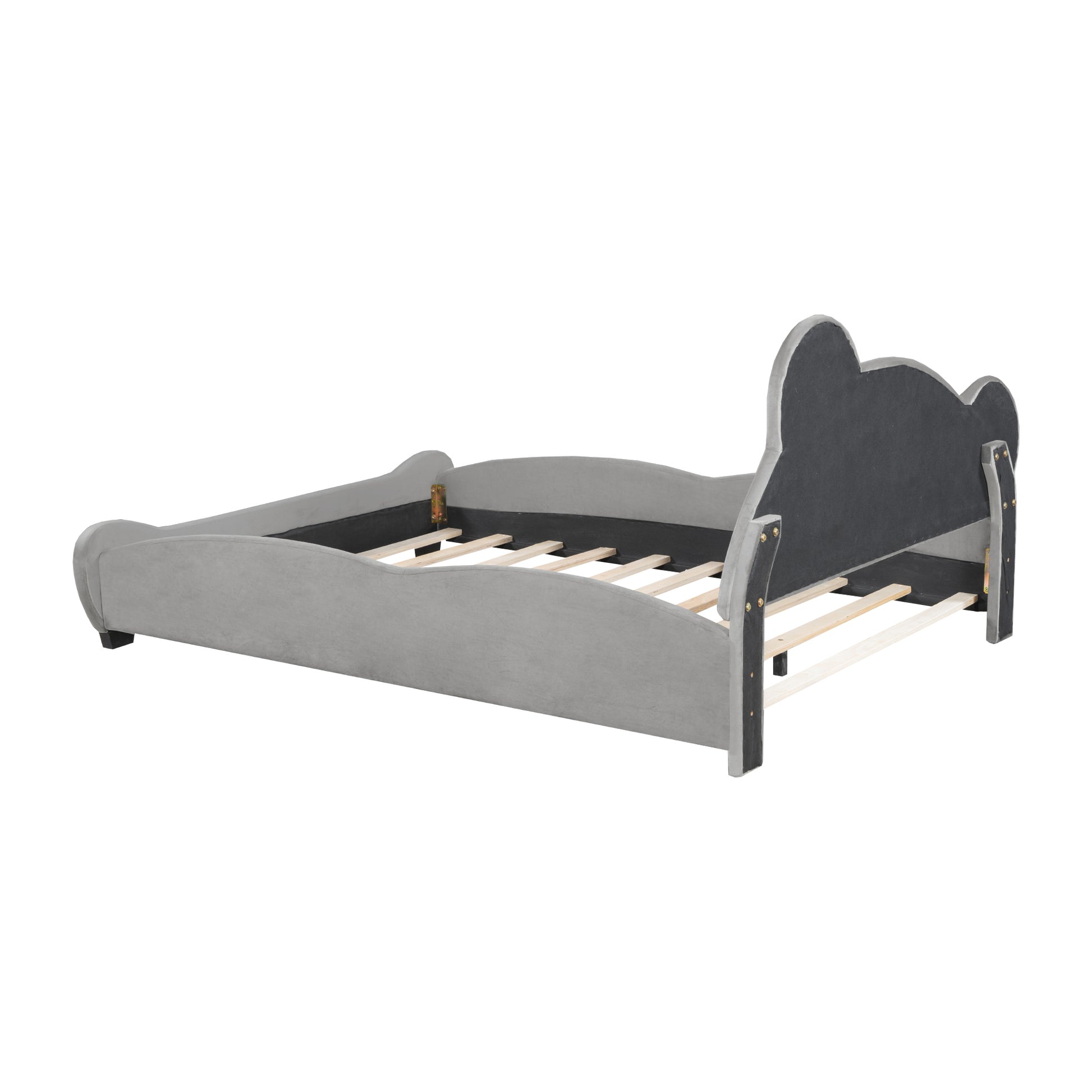 Full Size Velvet Platform Bed With Bear Shaped Headboard, With Bed End Storage Pocket, Gray Full Gray Plywood