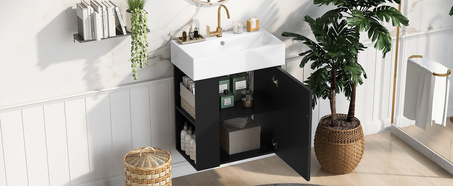 Video 21.6 Inch Modern Floating Bathroom Vanity With Ceramic Basin Perfect For Small Bathrooms, Left Side Storage Black Bathroom Ceramic Mdf