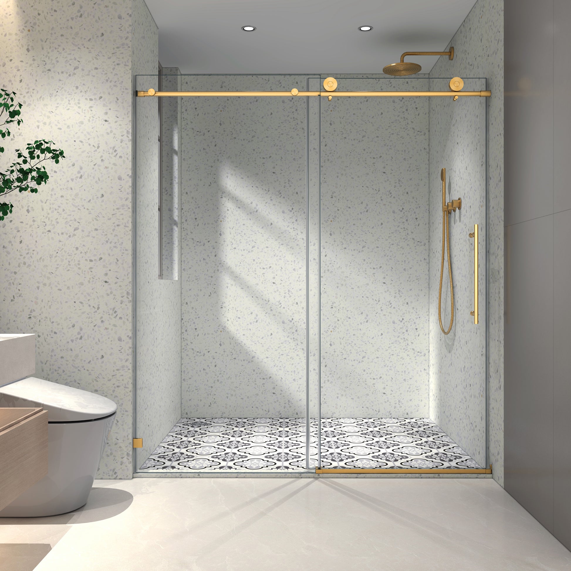 6076 Brushed Gold Frameless One Fixed And One Shifted Shower Door,70Mm 304 Stainless Steel Large Pulleys With Adjustable Soft Closing Function,With Nano Easy Cleaning,Stick Explosion Proof Menbrance