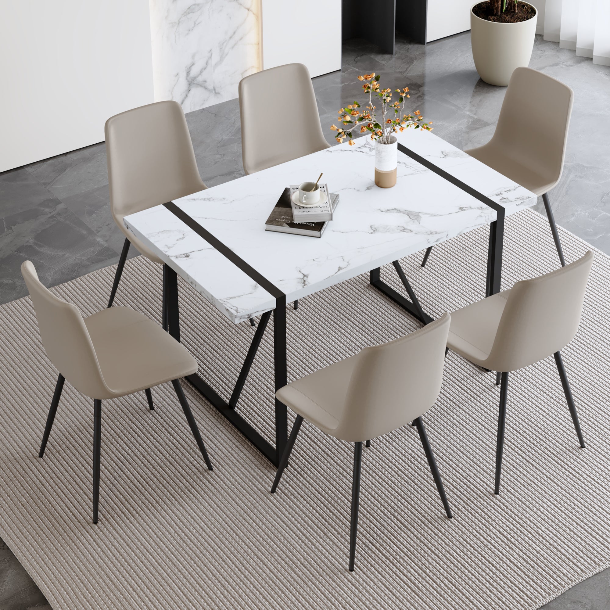 Table And Chair Set.A Modern Minimalist White Marble Veined Mdf Dining Table With Metal Frame.Paried With 6 Chairs With Pu Cushions And Black Metal Legs. Light Gray,White Seats 6 Mdf Metal