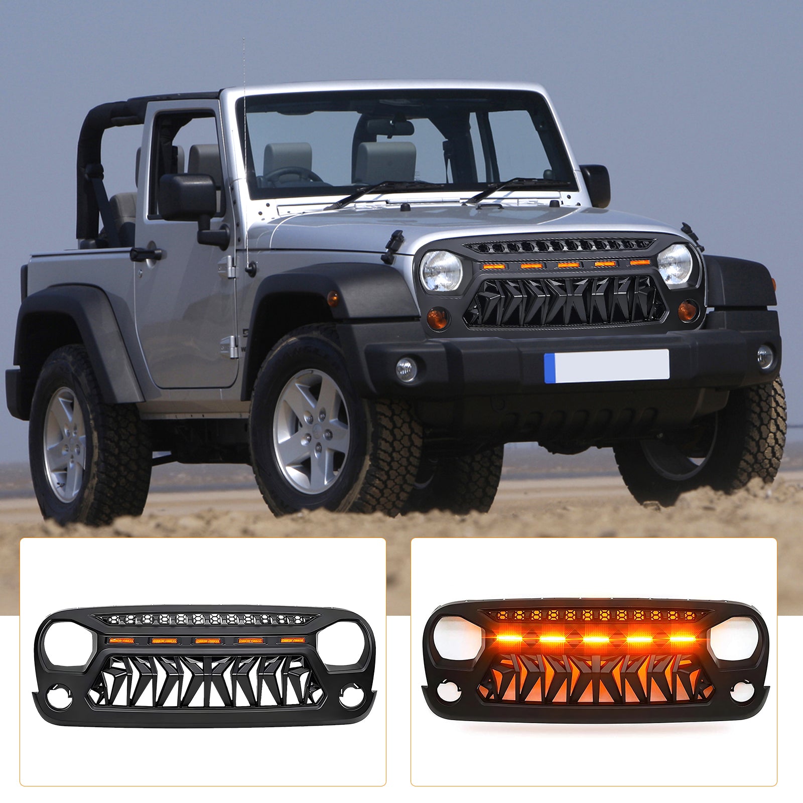 Front Matte Black Shark Grille Replacement Grill For Jeep Wrangler Jk 2007 2017 With Led Lights Black Abs