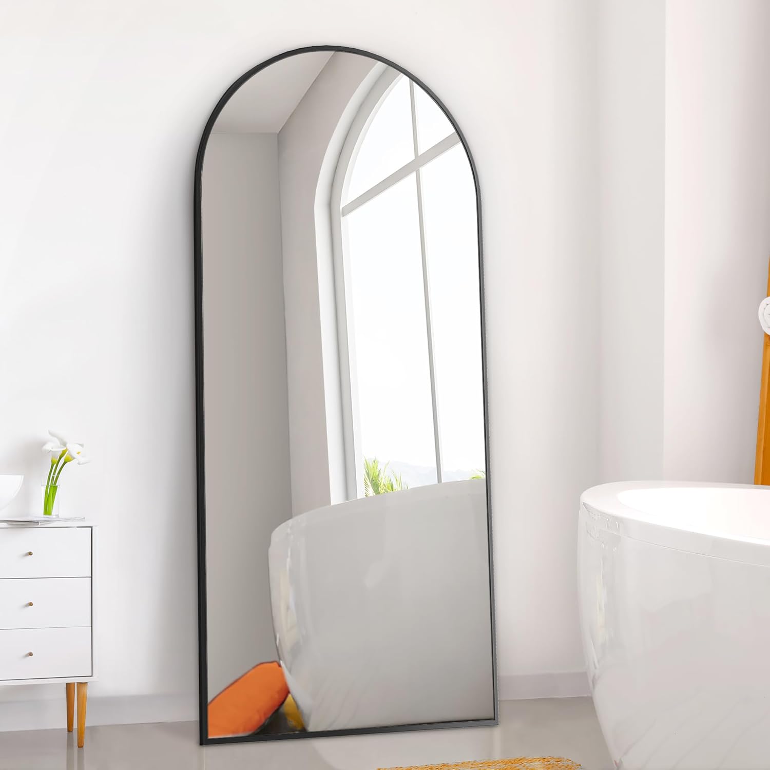 Dolonm 65X22 Inch Arch Full Length Mirror, Modern Design Standing Floor Mirror, Full Body Mirror For Living Room, Bedroom, Bathroom, Cloakroom, Hallway, Black Aluminum Alloy Frame Black Mirror