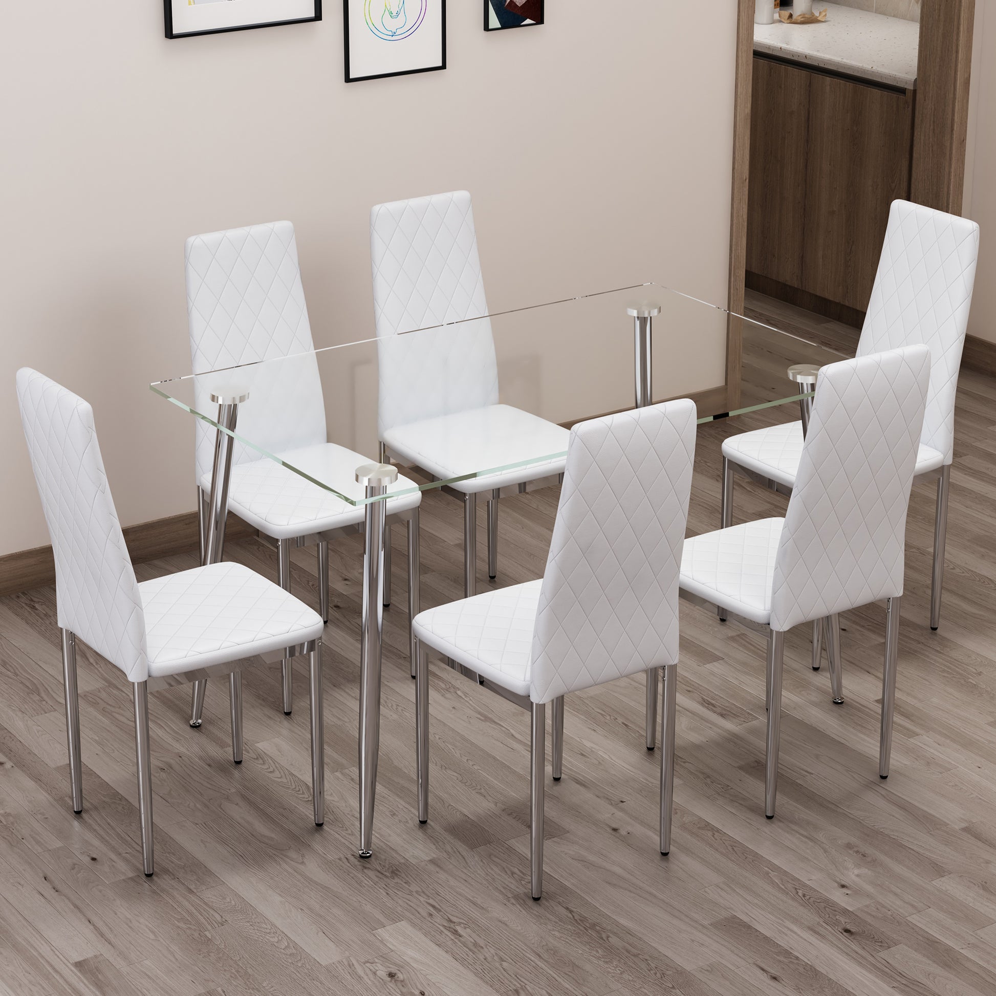 Table And Chair Set.Rectangular Dining Table With Tempered Glass Tabletop And Silver Plating Metal Legs.Paired With 6 Checkered Armless High Back White Chairs With Electroplated Metal Legs. White Seats 6 Glass Metal