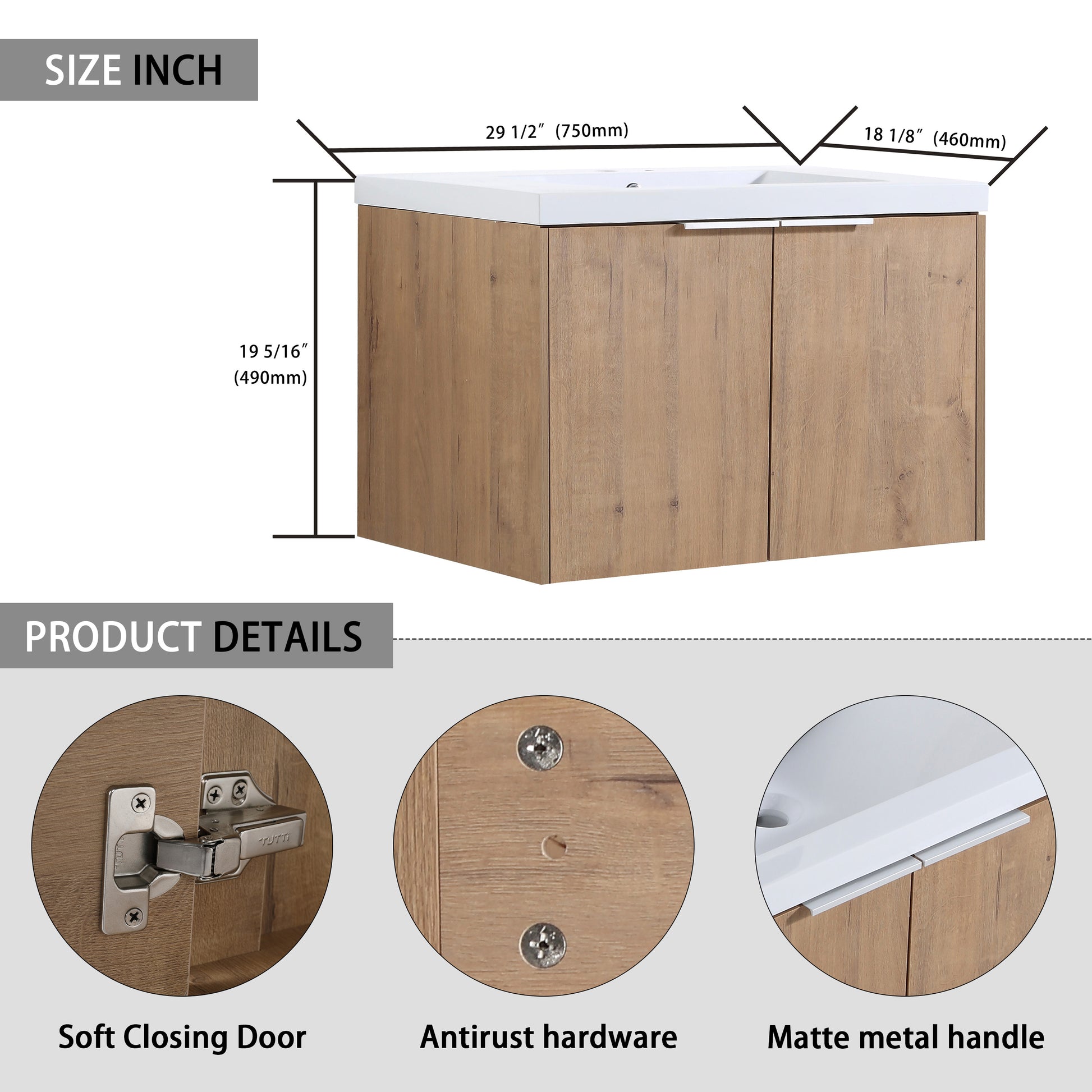 30" Wall Mounted Bathroom Vanity With Sink And Side Cabinet, Soft Close Doors,00112Imo X 2 00630Imo Combination Cabinet Kd Packing Imitative Oak Bathroom Modern Plywood Plywood