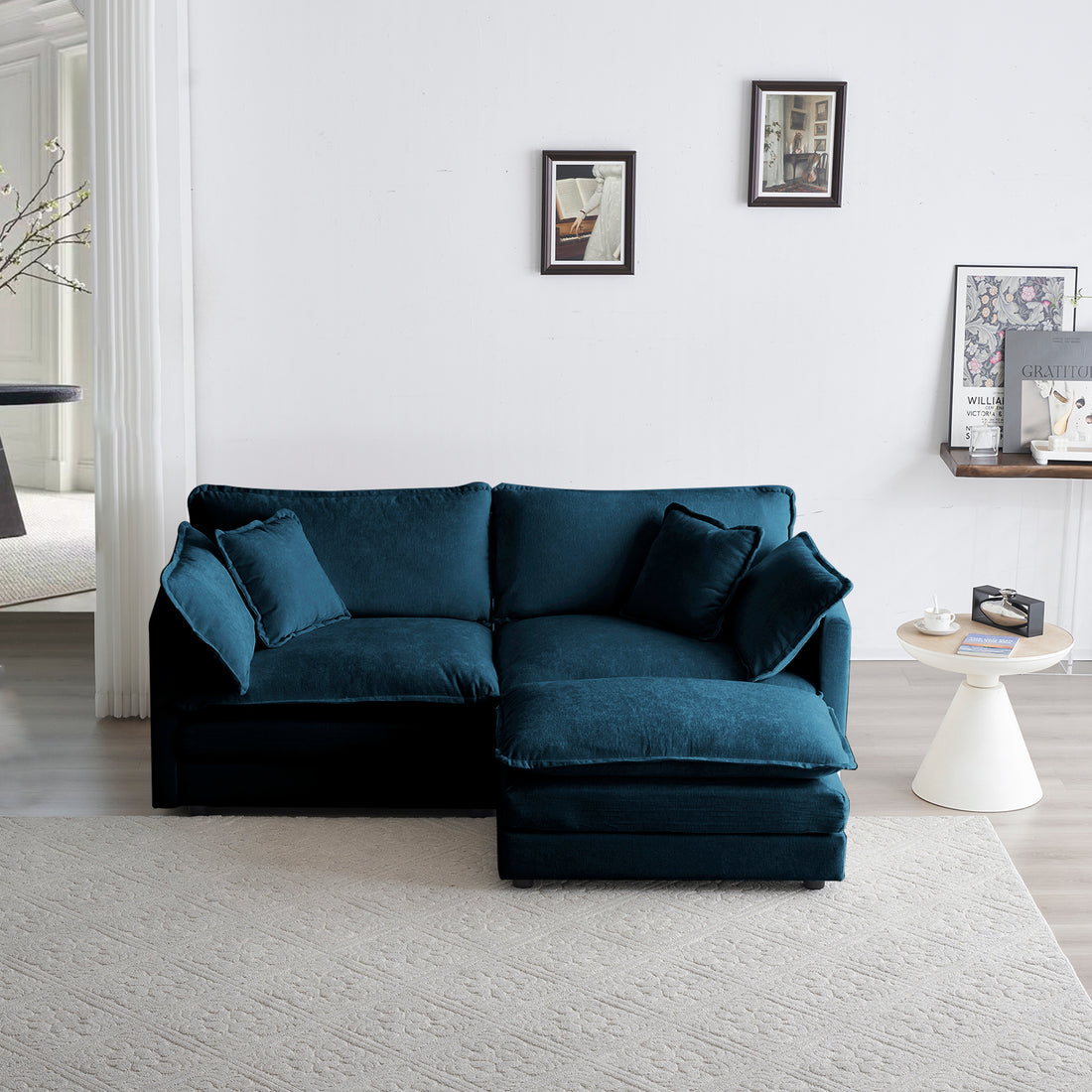 Chenille Two Seater Sofa With 1 Footrest, 2 Seater L Shaped Sectional With Ottoman,Loveseat With Ottoman For Small Living Space,Blue Chenille Blue Chenille 2 Seat