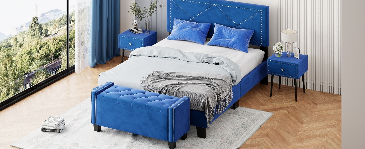 4 Pieces Bedroom Sets Queen Size Upholstered Bed Frame With Rivet Design,Nightstands And Tufted Storage Ottoman,Blue Box Spring Not Required Queen Blue 4 Piece Set Solid Wood Mdf