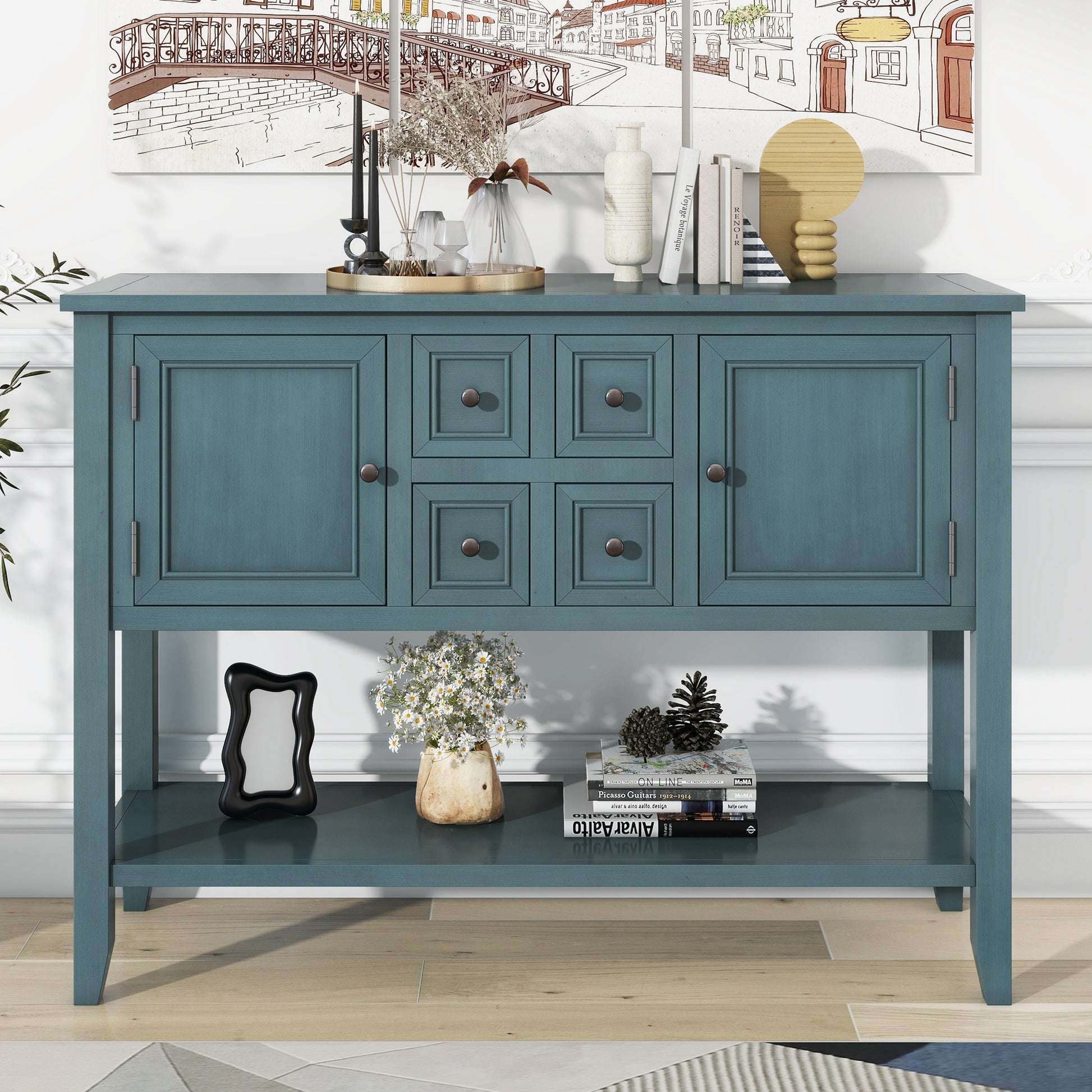 Cambridge Series Large Storage Vintage Console Table With Four Small Drawers And Bottom Shelf For Living Rooms, Entrances And Kitchens Dark Blue,Old Sku: Wf190263Aam Dark Blue Solid Wood Mdf