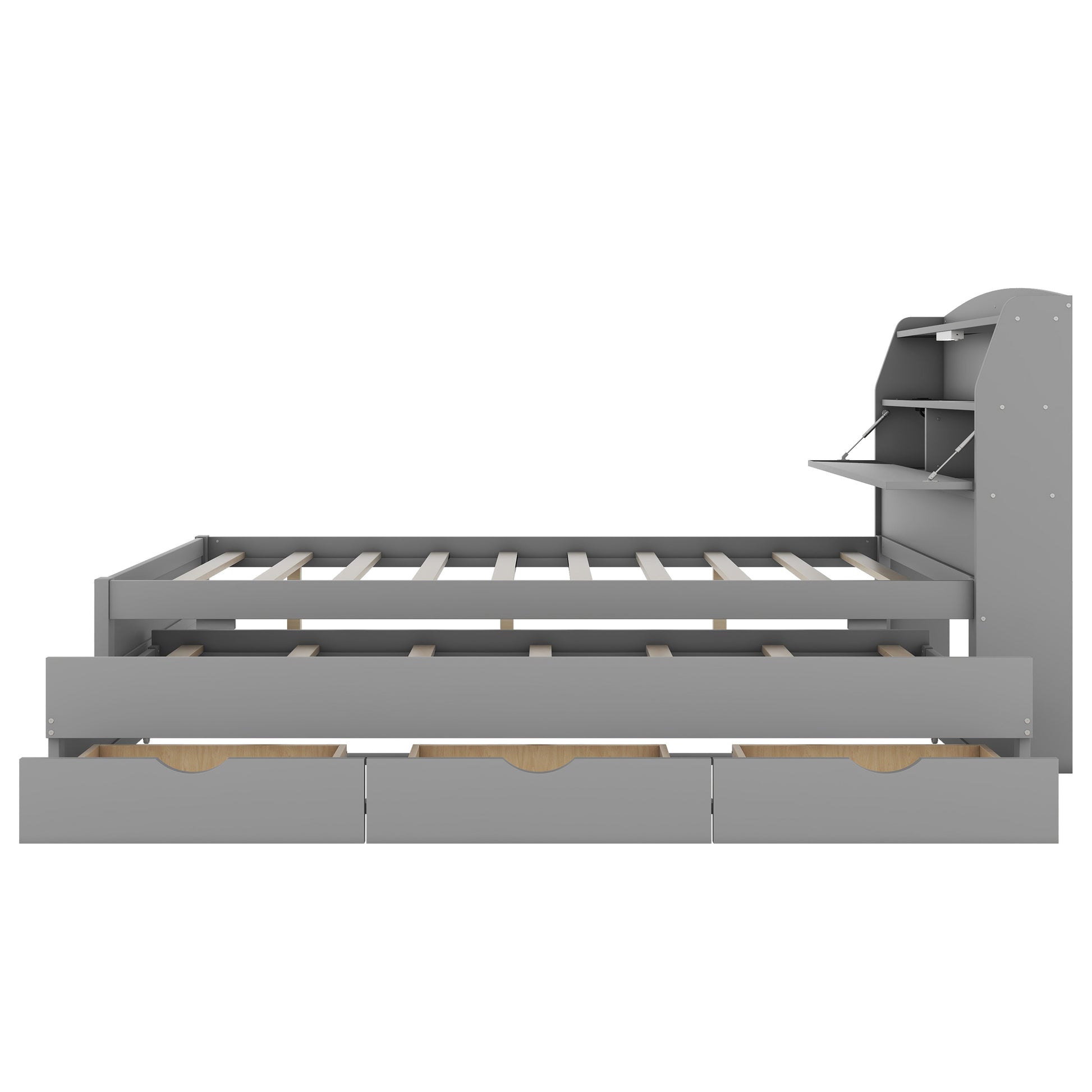 Full Size Wooden Led Platform Bed With Trundle, With Storage Headboard, With Drawers, Gray Full Gray Plywood