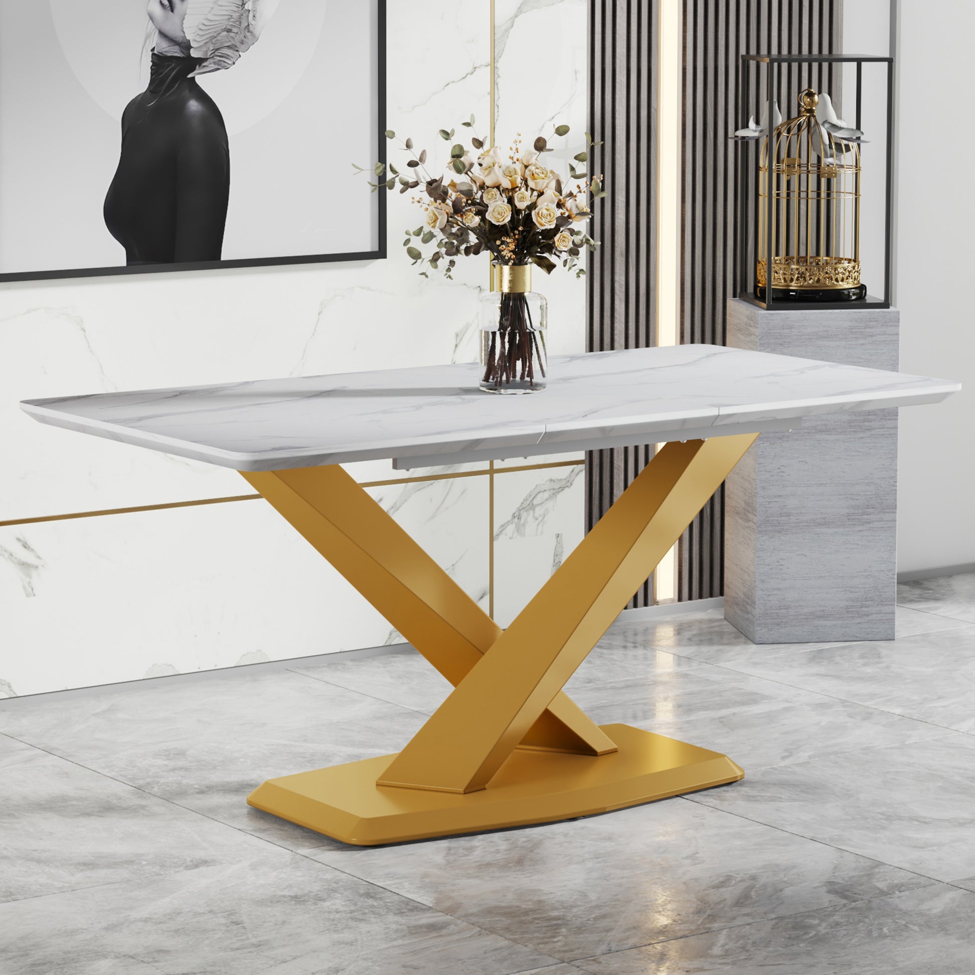 Large Modern Minimalist Rectangular White Imitation Marble Dining Table For 6 8 People With Mdf Top And Golden Legs, F 1551 Gold Mdf