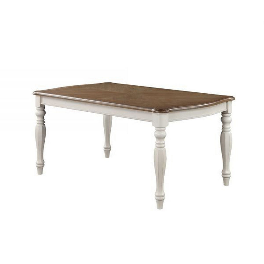 Fil 68 Inch Dining Table, Rustic Brown Rubberwood, White Turned Legs Brown White Wood Fabric