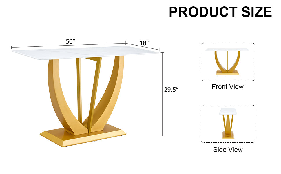 Modern And Simple Rectangular Glass Dining Table In White With A Pattern, 0.39 "White Top And Gold Legs, Suitable For Entrance And Living Room. White Glass
