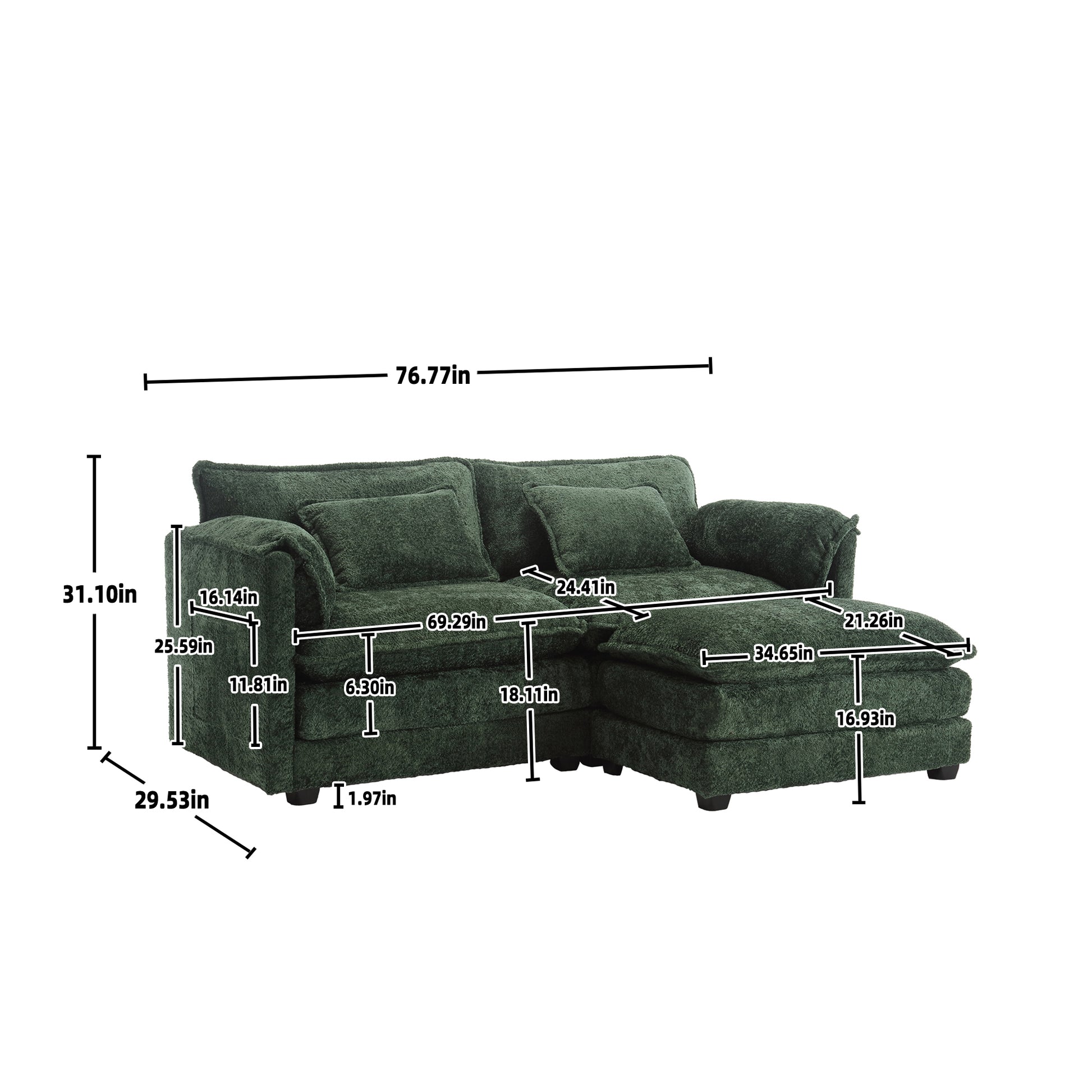 United We Win Chenille Fabric, Removable Armrests With Side Pockets, High Density Sponge Filling, Oversized Double Sofa With Footstool Emerald Chenille 2 Seat