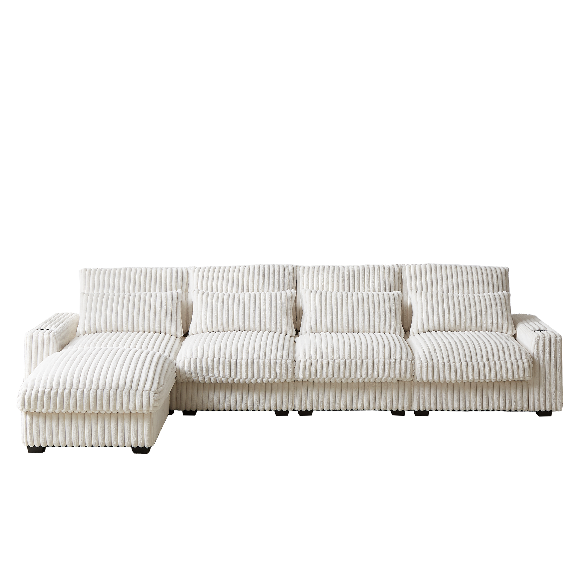 128 Inch Corduroy With Cup Holder Super Large L Shaped Sofa, Movable Footrest, Four Waist Pillows And Four Back Cushion, With Usb Port And T Pyce Port Beige Corduroy 3 Seat