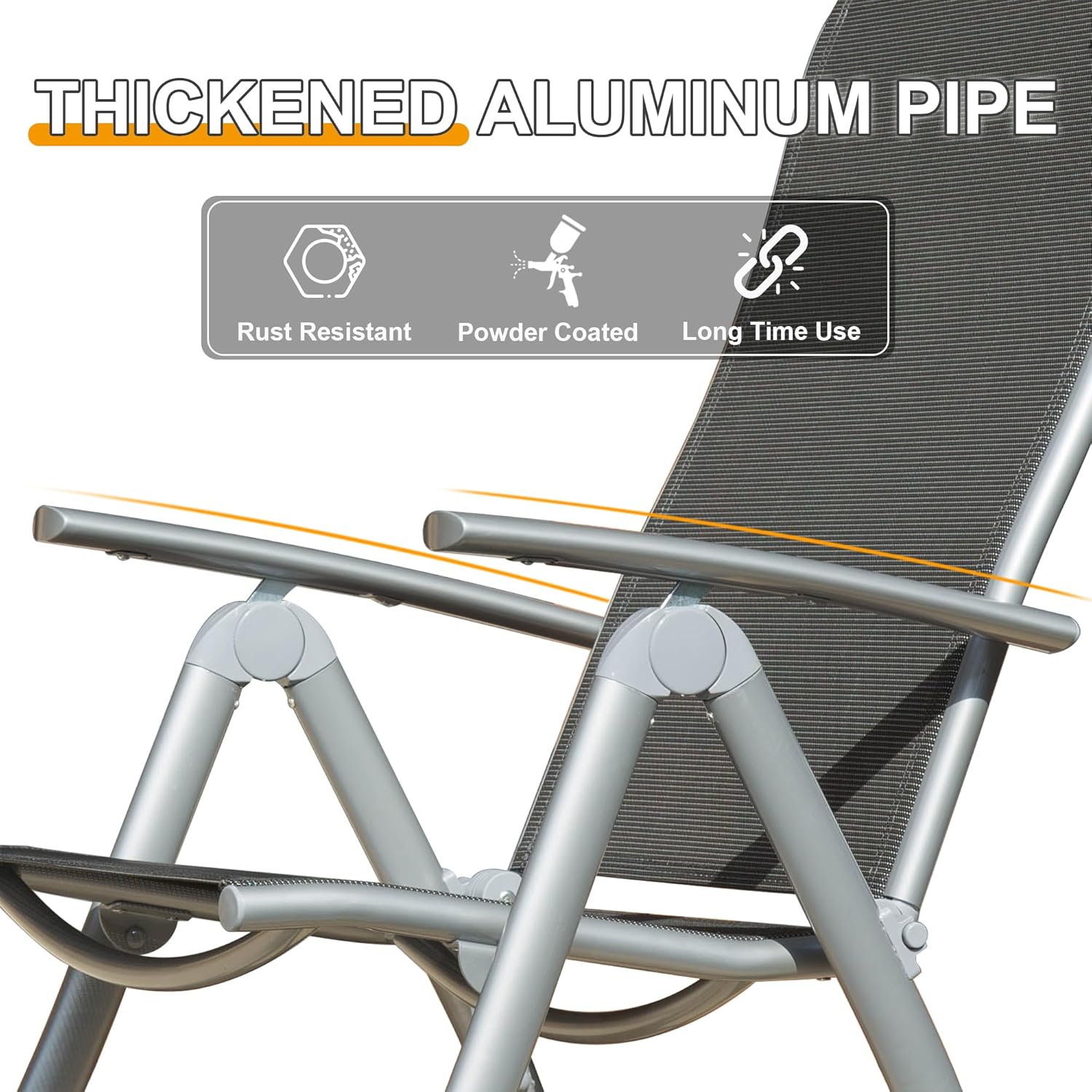 Patio Folding Chairs Set Of 2, Aluminium Frame Outdoor Reclining Patio Chairs For Garden Camping Poolside Beach Deck, Adjustable High Back Lawn Chairs With Textilene Fabric Seat, Dark Gray Dark Gray Aluminium