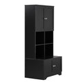 Tall And Wide Bathroom Floor Storage Cabinet, Bathroom Storage Unit, Freestanding Cabinet With 4 Doors, Adjustable Shelves, Open Multi Layer Shelves, Black Black Mdf