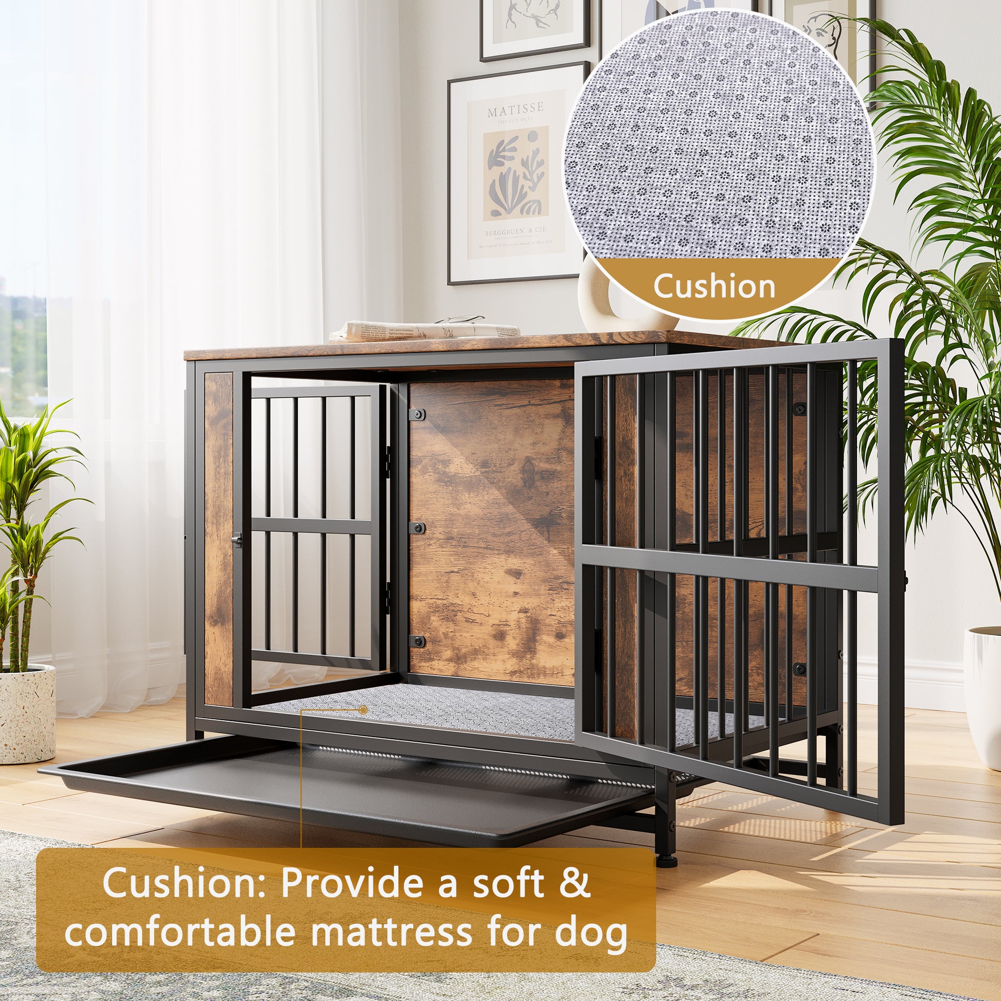 Dog Crate Furniture, Wooden Dog Crate Table, 32.8" Dog Kennel With 2 Sliding Doors And Thick Iron Door Frame, Decorative Pet Crate House For Medium Small Dog Indoor Use Rustic Brown Black Brown Medium 26 40 Lbs Mdf Metal