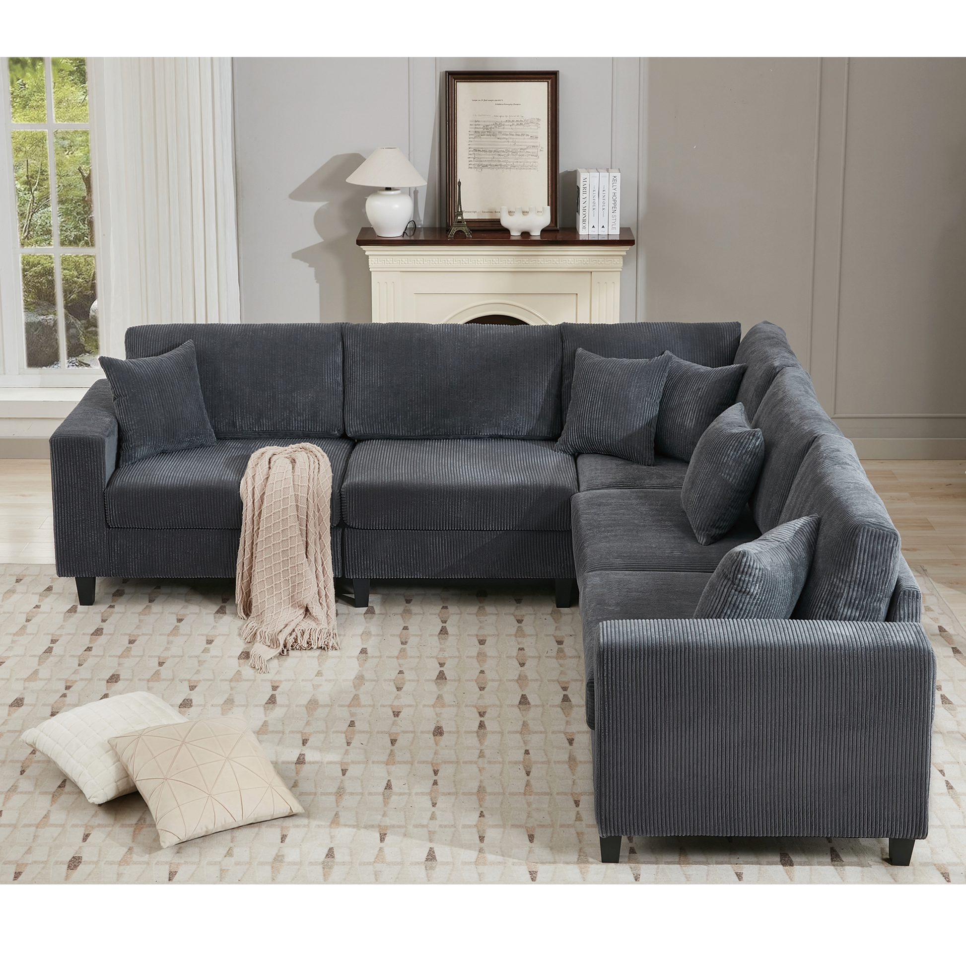 Packaging Upgrade Oversized Modular Sectional Sofa Set, L Shaped Couch,Corduroy ,Upholstered,Deep Seat,5 Seat,5 Throw Pillow And 6 Back Cushion,Living Room, Apartmentgray Gray Polyester Wood Primary