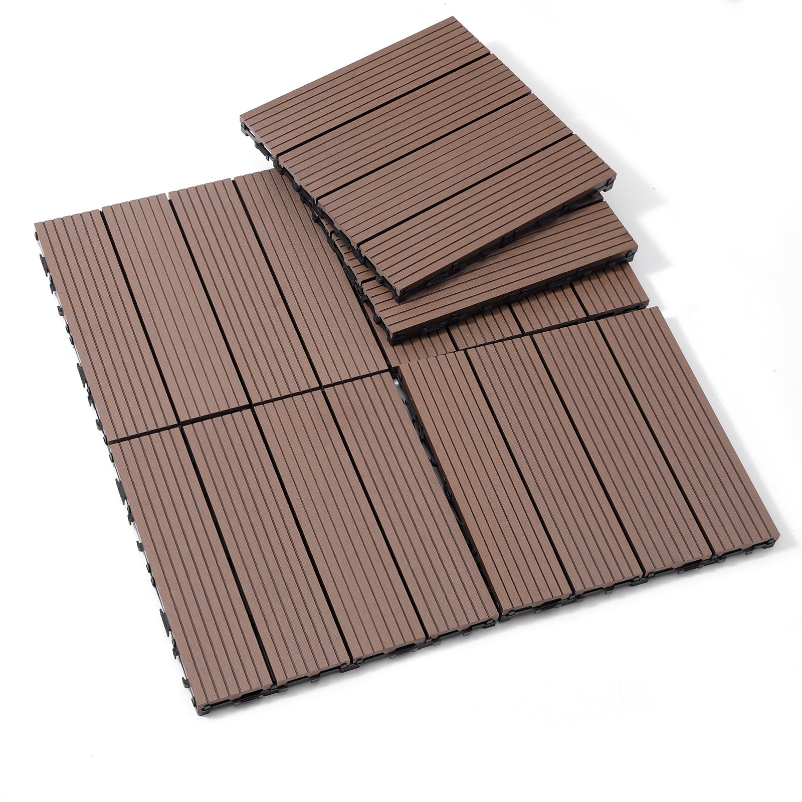 Wood Plastic Composite Deck Tiles Set Of 20, Sustainable Fsc Composite Decking Resist Rust, Water, Weather, Easy To Diy & Maintain, Ideal For Patios, Balconies, Rooftops, Coffee Color Coffee Wood Plastic