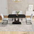 Table And Chair Set, Minimalist Dining Table, Imitation Marble Patterned Glass Tabletop, Mdf Legs With U Shaped Brackets. Paired With Comfortable Chairs, Suitable For Dining And Living Rooms. Black Mdf Glass