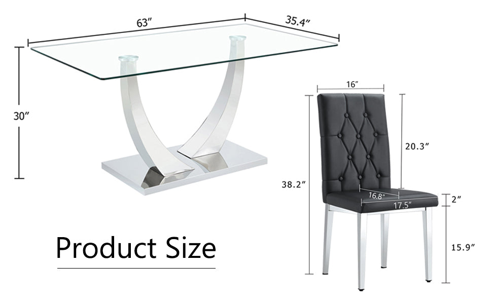 Table And Chair Set, Modern Dining Table, Tempered Glass Tabletop And Silver Colored Leg Table, Soft And Comfortable Dining Chair, Perfect For Dinner, Meetings, Home And Office Decor Black Glass