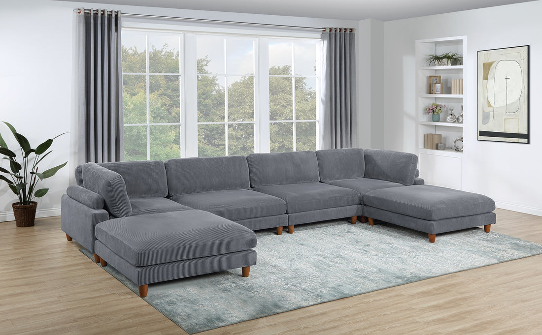 Contemporary Dark Gray 6Pc Modular Sectional Set Corduroy Upholstery Couch 2X Corner Wedge, 2X Armless Chairs 2X Ottomans Living Room Dark Gray Primary Living Space Cushion Back Contemporary,Modern Modular Rubberwood Corduroy 6 Seat