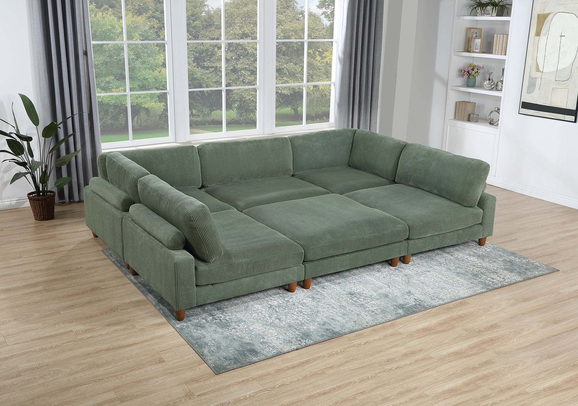 Contemporary Sage Color 6Pc Modular Sectional Set Corduroy Upholstery Couch 2X Corner Wedge 3X Armless Chairs 1X Ottoman Living Room Sage Primary Living Space Cushion Back Contemporary,Modern Modular Rubberwood Corduroy 6 Seat