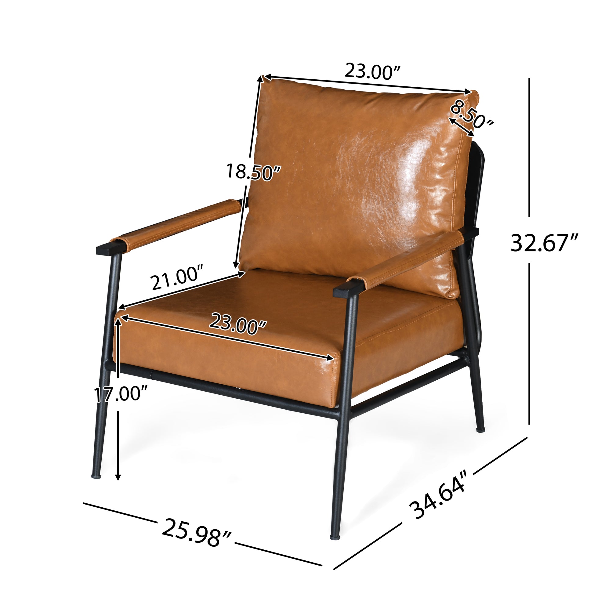 Mid Century Modern Accent Chair With Brown Faux Leather Upholstery, Padded High Backrest, Metal Frame And Faux Leather Wrapped Armrests, Perfect For Living Room, Bedroom, Or Office Brown Metal,Pu