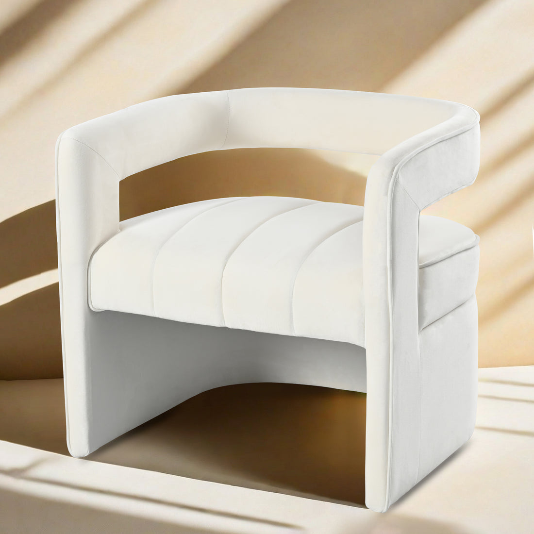 Modern Velvet Accent Chair With Ribbed Detail, Luxury Curved Fully Upholstered Accent Chair, Ivory White No Assembly Needed Ivory White Velvet