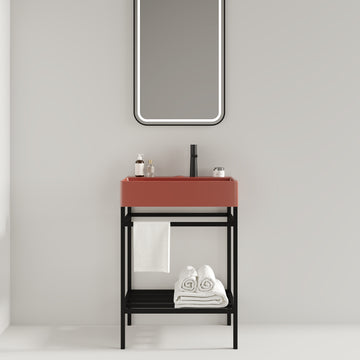 Lofi 24" Bathroom Vanity With Ceramic Basin, Freestanding Bathroom Console Sink Set, Glossy Red Rectangular Ceramic Basin Without Faucet, Open Metal Leg, Storage Shelves, Black Black Red Bathroom