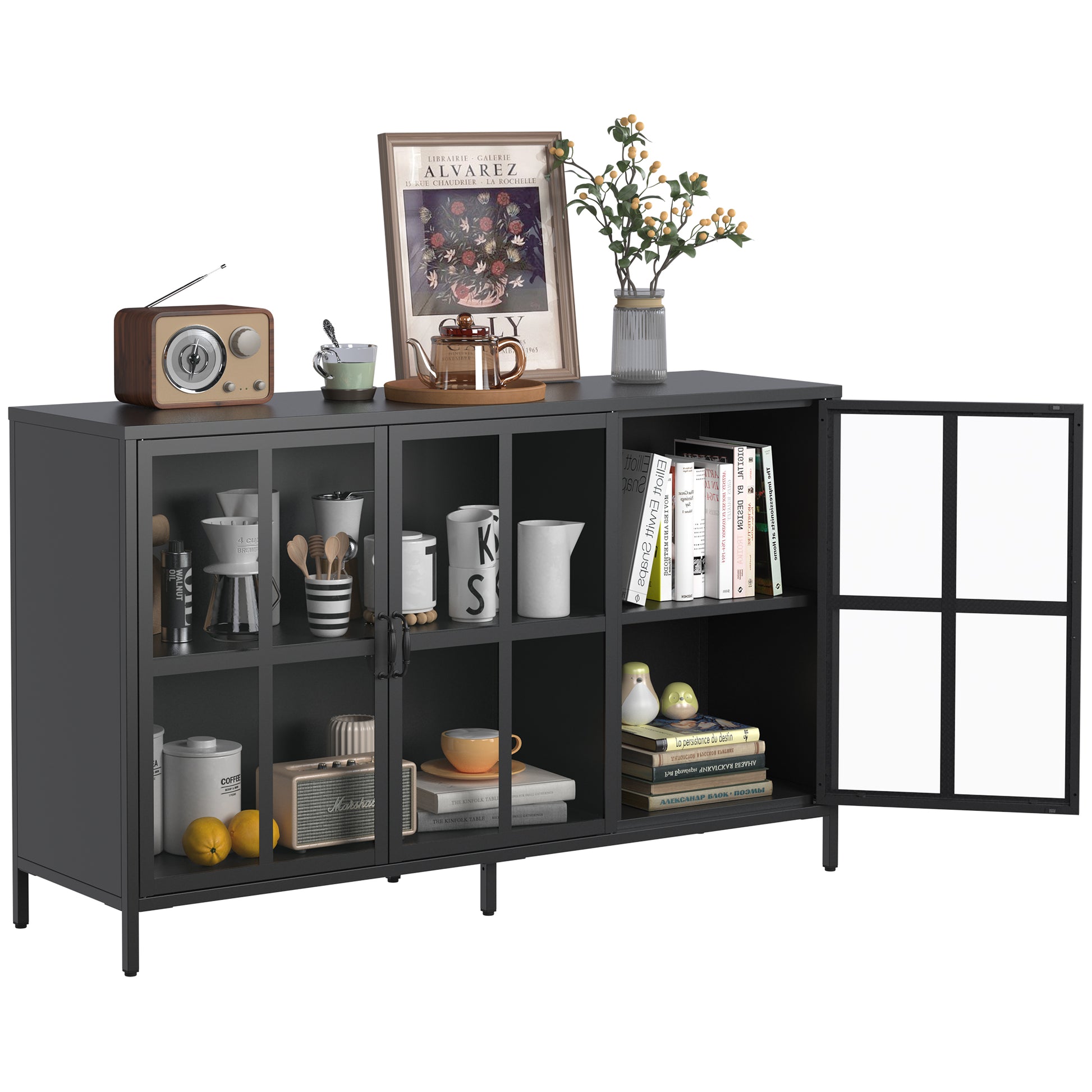 Heavy Duty Metal Modern Sideboard Buffet Cabinet With Storage Premium Steel Storage Cabinet ,Adjustable Feet,Glass Doors,Large Capacity Organizer For Living Room,Bed Room,Dining Room Accent Chests 3 4 Spaces Antique Black Primary Living Space Glass Doors