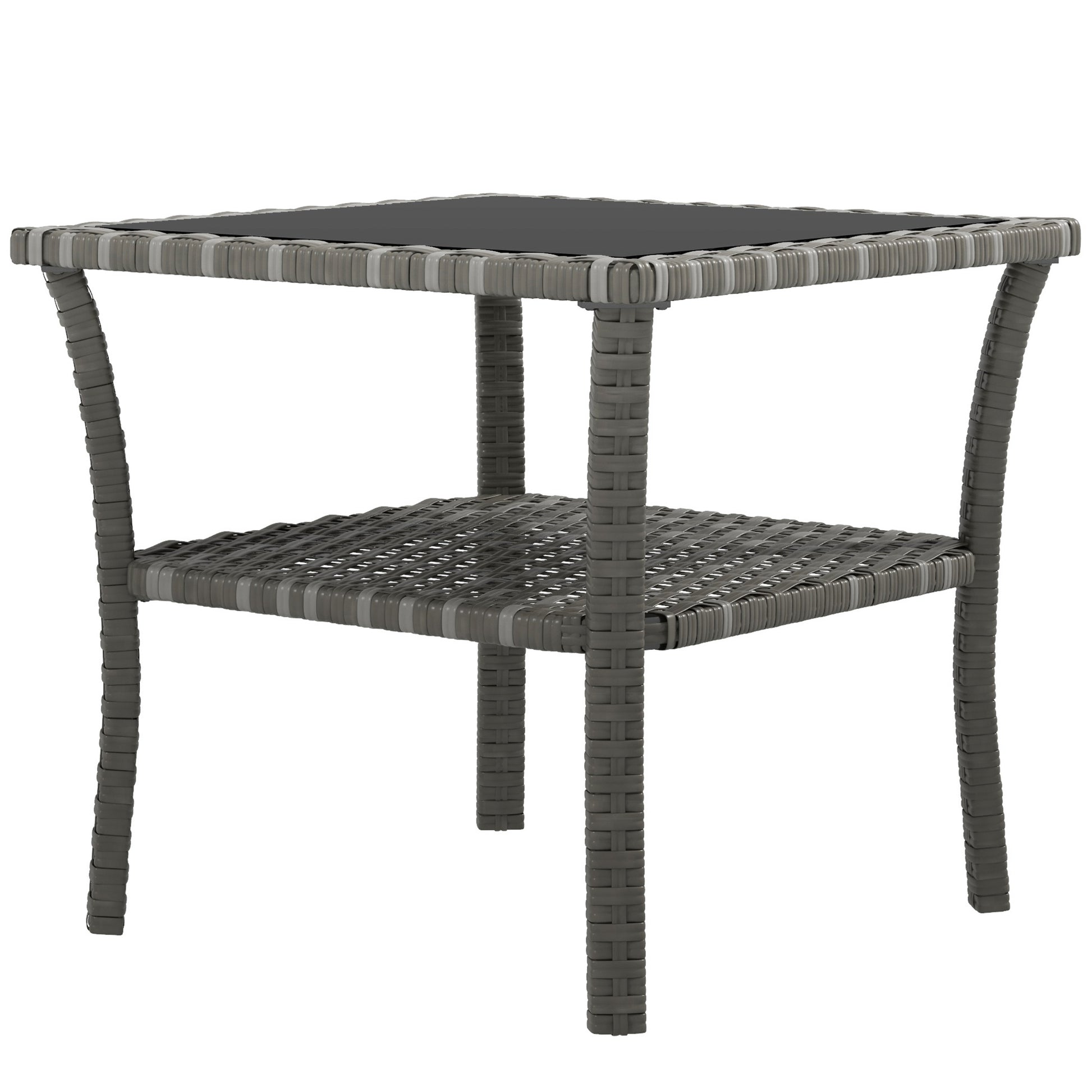 Outsunny Rattan Side Table, Outdoor End Table With Storage Shelf, Aluminum Frame Square, Coffee Table With Tempered Glass Top, Mixed Gray Grey Aluminum