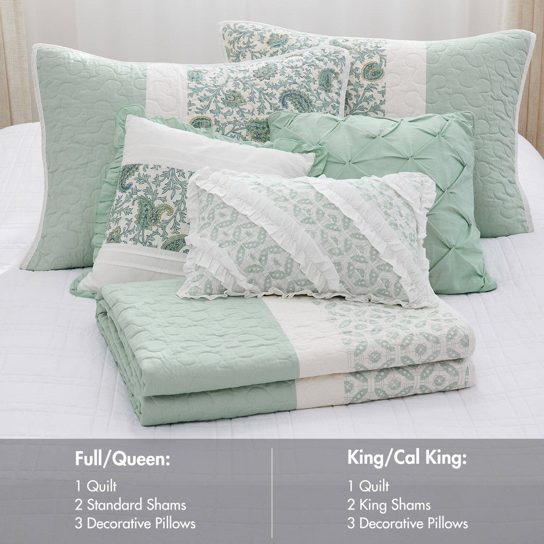 6 Piece Cotton Percale Quilt Set With Throw Pillows Aqua King Cal King King Aqua Polyester