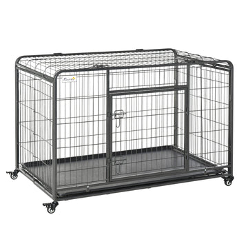 Pawhut Folding Design Heavy Duty Metal Dog Cage Crate & Kennel With Removable Tray And Cover, & 4 Locking Wheels, Indoor Outdoor 49" Gray Metal