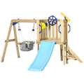 Outsunny 3 In 1 Wooden Swing Set Outdoor Playset With Baby Swing Seat, Toddler Slide, Captain'S Wheel, Telescope, Kids Backyard Playground Equipment, Ages 1.5 4 Natural Wood Hdpe