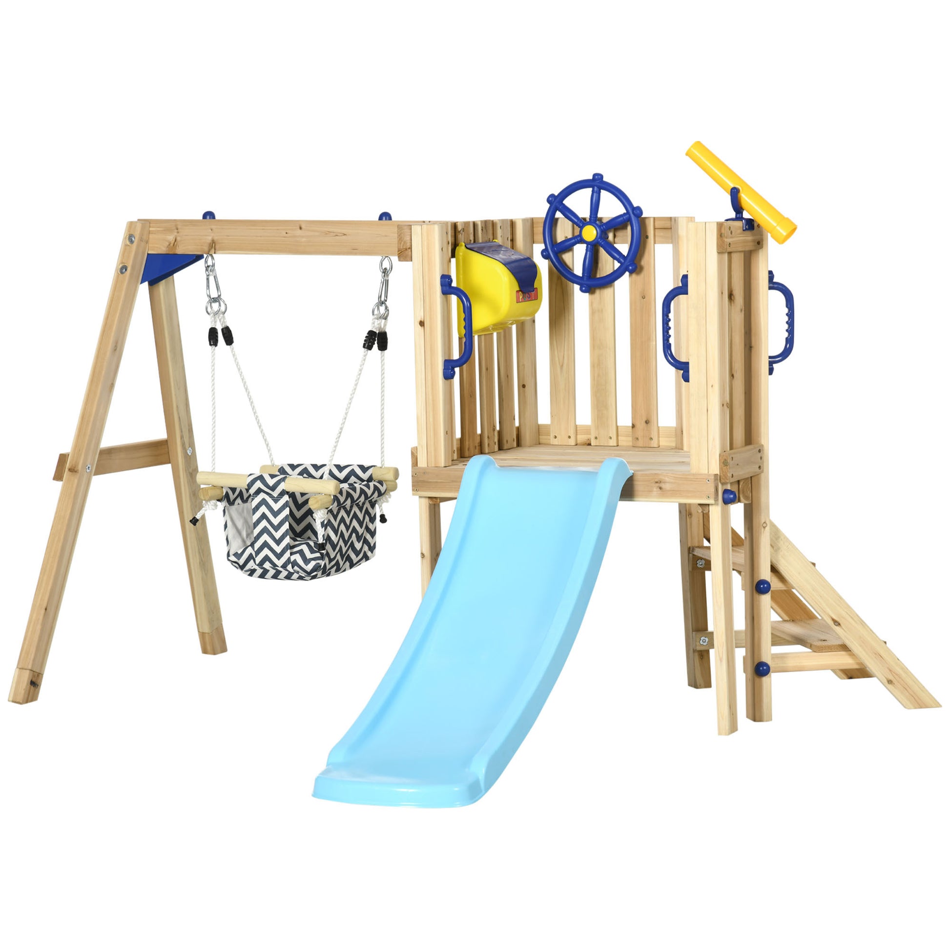 Outsunny 3 In 1 Wooden Swing Set Outdoor Playset With Baby Swing Seat, Toddler Slide, Captain'S Wheel, Telescope, Kids Backyard Playground Equipment, Ages 1.5 4 Natural Wood Hdpe