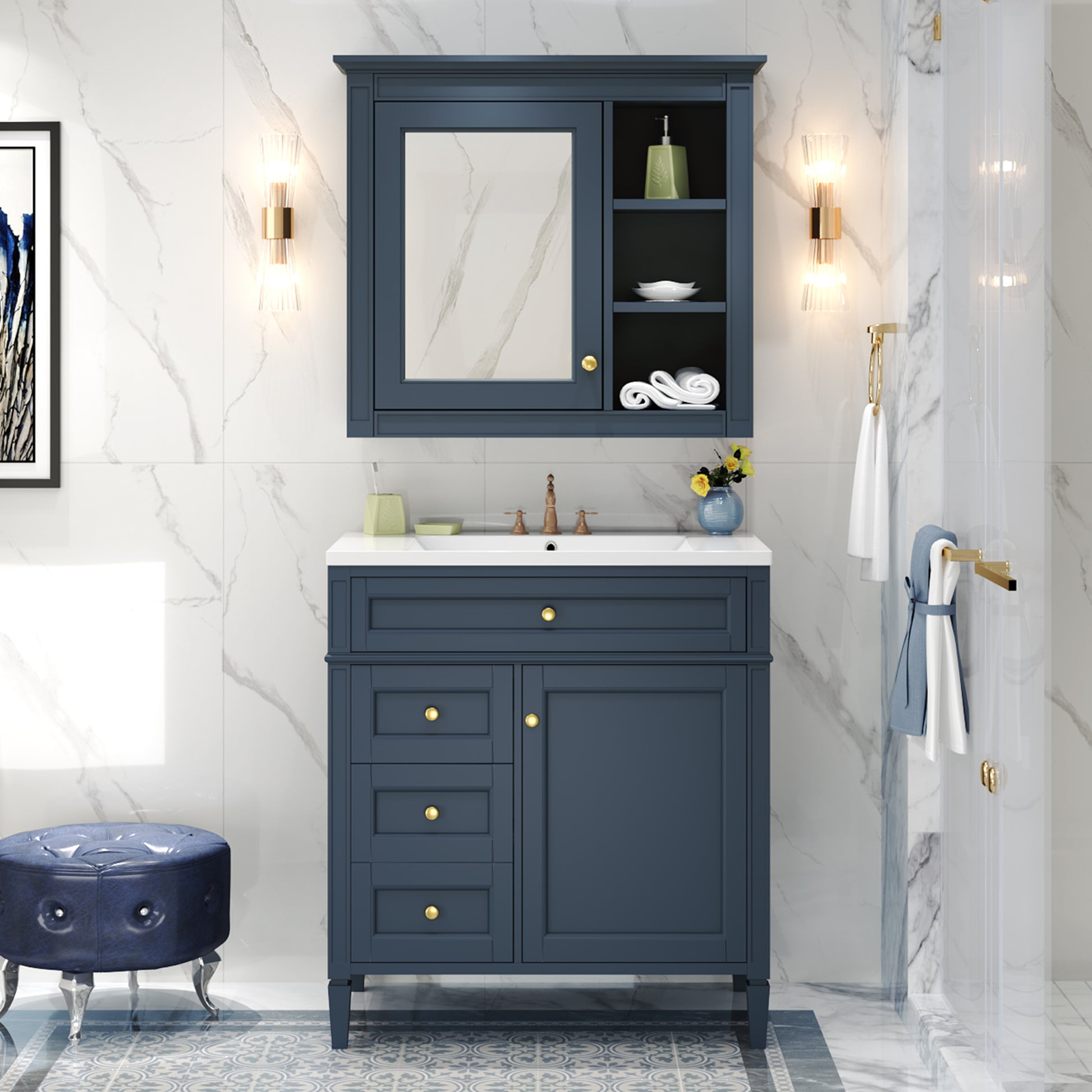 30'' Bathroom Vanity With Top Sink, Modern Bathroom Storage Cabinet With 2 Drawers And A Tip Out Drawer, Freestanding Vanity Set With Mirror Cabinet, Single Sink Bathroom Vanity 3 Blue 2 Mirror Included Bathroom Wall Mounted Modern Solid Wood Painted