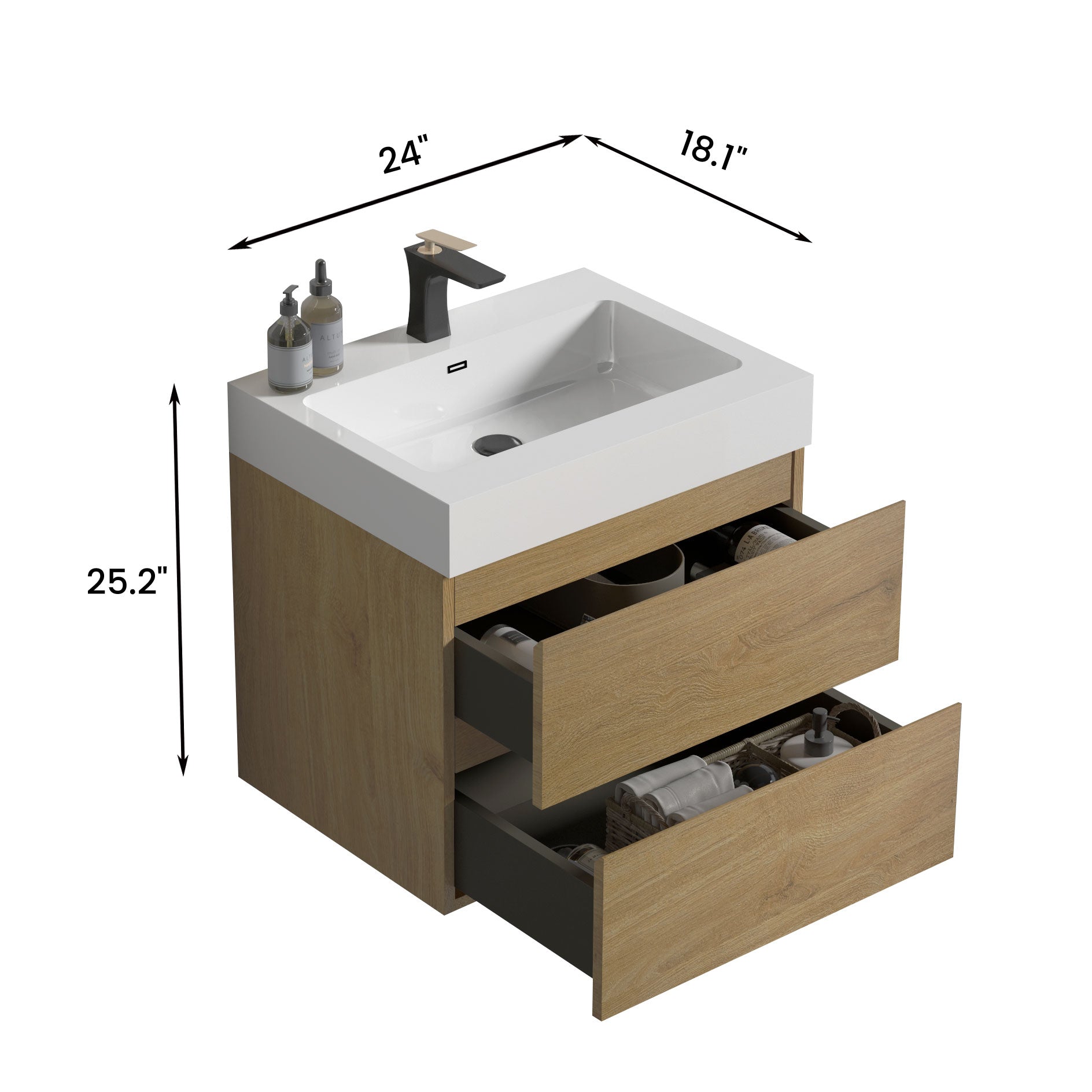 U040 Alice24 106 Alice 24" Natural Oak Bathroom Vanity With Sink, Large Storage Wall Mounted Floating Bathroom Vanity For Modern Bathroom, Pre Assembled Oak Melamine