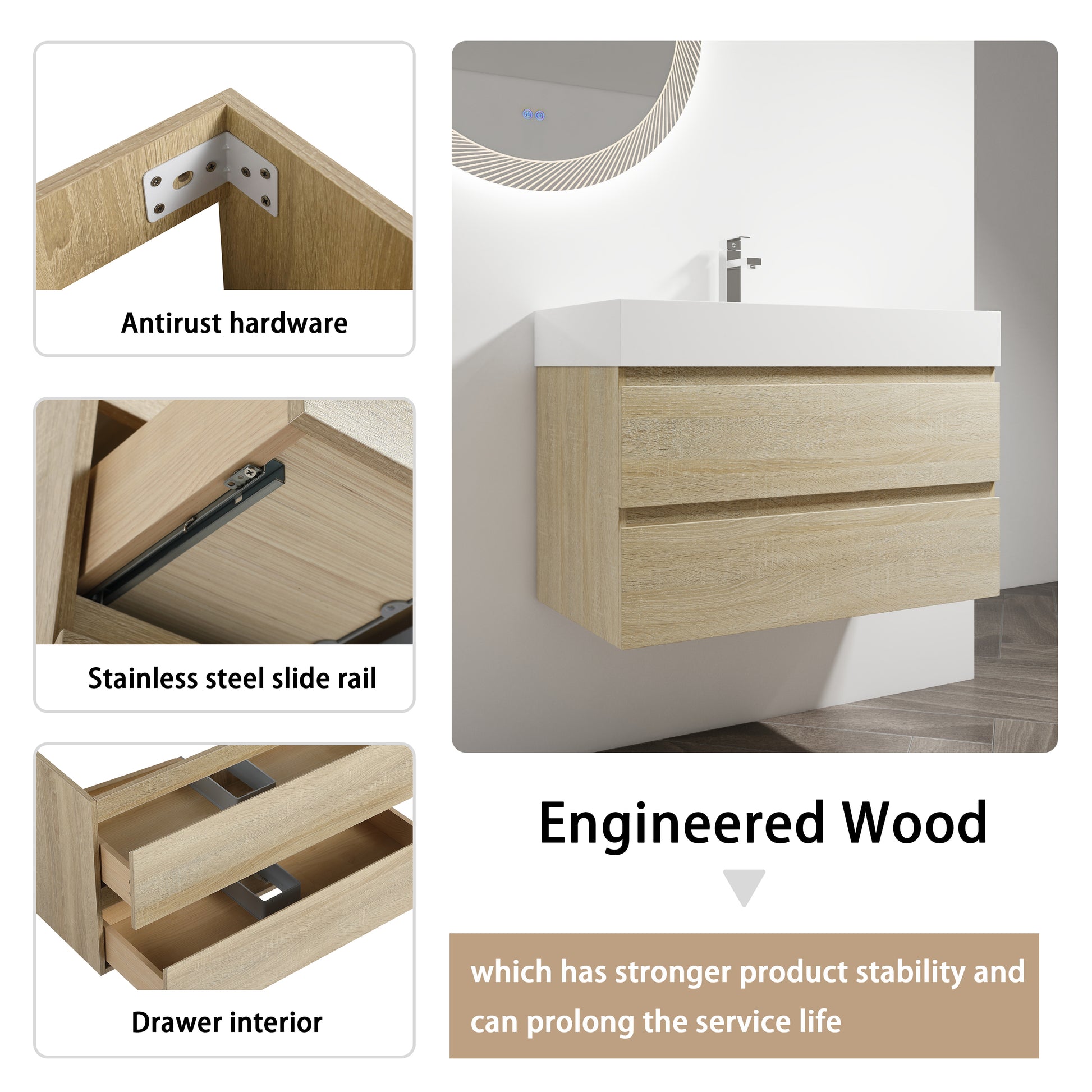 36" Wall Mounted Bathroom Vanity With Resin Sink, 2 Soft Close Drawers, Kd Package 2 Light Oak Bathroom Wall Mounted Modern Plywood